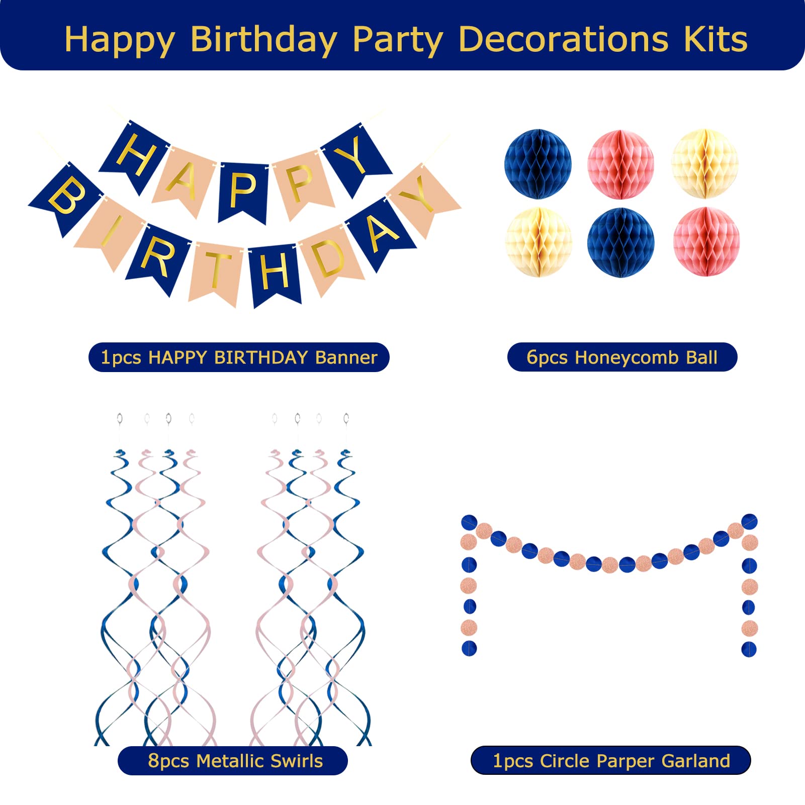 Navy Rose Gold Birthday Decorations Set - Happy Birthday Banner, Honeycomb Balls, Metallic Hanging Swirls & Circle Paper Garland - Elegant Women's Party Decor for Birthday Celebrations, Baby Showers & Bridal Showers
