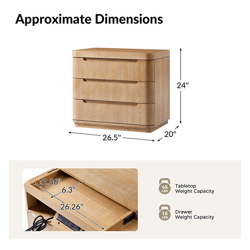 Yolanda Large 3 Drawer Nightstand with Hidden Storage - Modern Bedside Table with Optional Styles - Perfect for Bedroom, Guest Room, or Small Space Organization