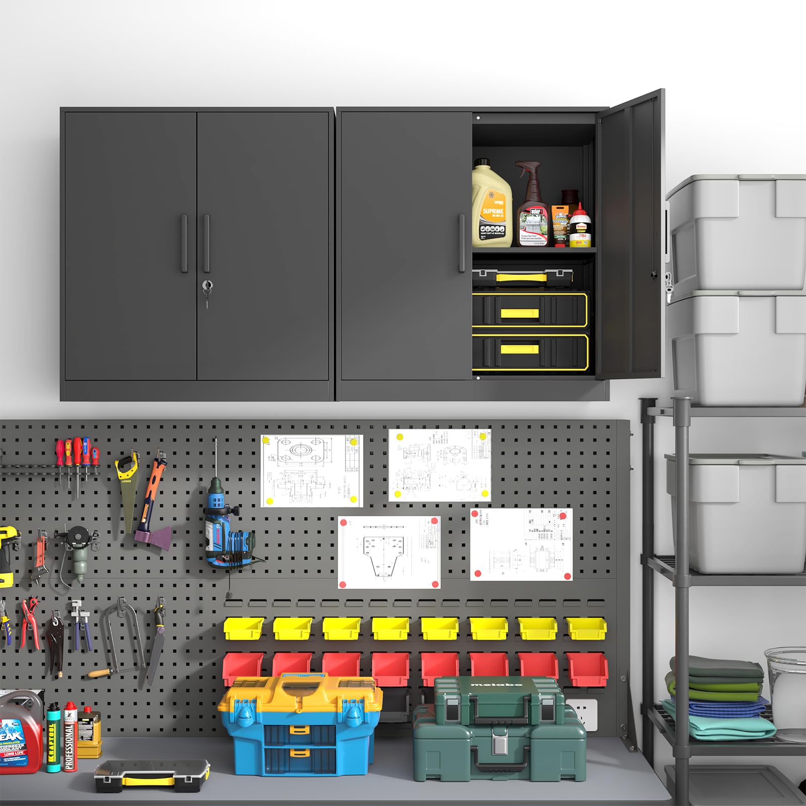 Black Metal Wall Cabinet with 2 Doors & Lock - Hanging Storage Cabinet with Shelves & Handle for Garage, Living Room, Kitchen, Office - Organize Tools, Supplies & Home Essentials