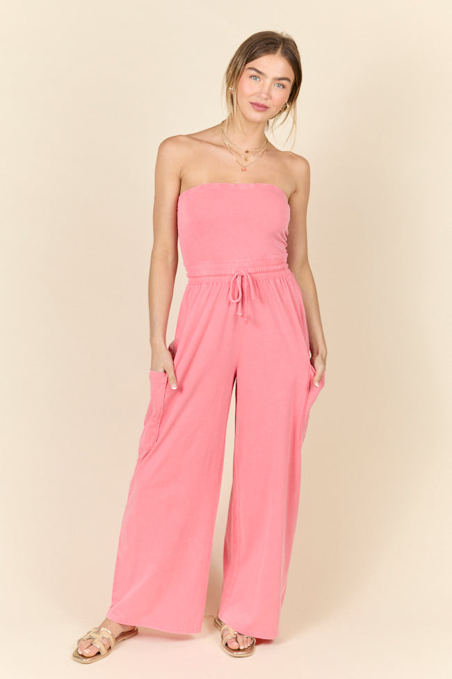 Kind Energy Coral Strapless Knit Jumpsuit for Women - Summer Beachwear & Party Outfit - Comfortable Stretchy Fabric, Flattering Fit - Perfect for Vacations, Weddings & Date Nights