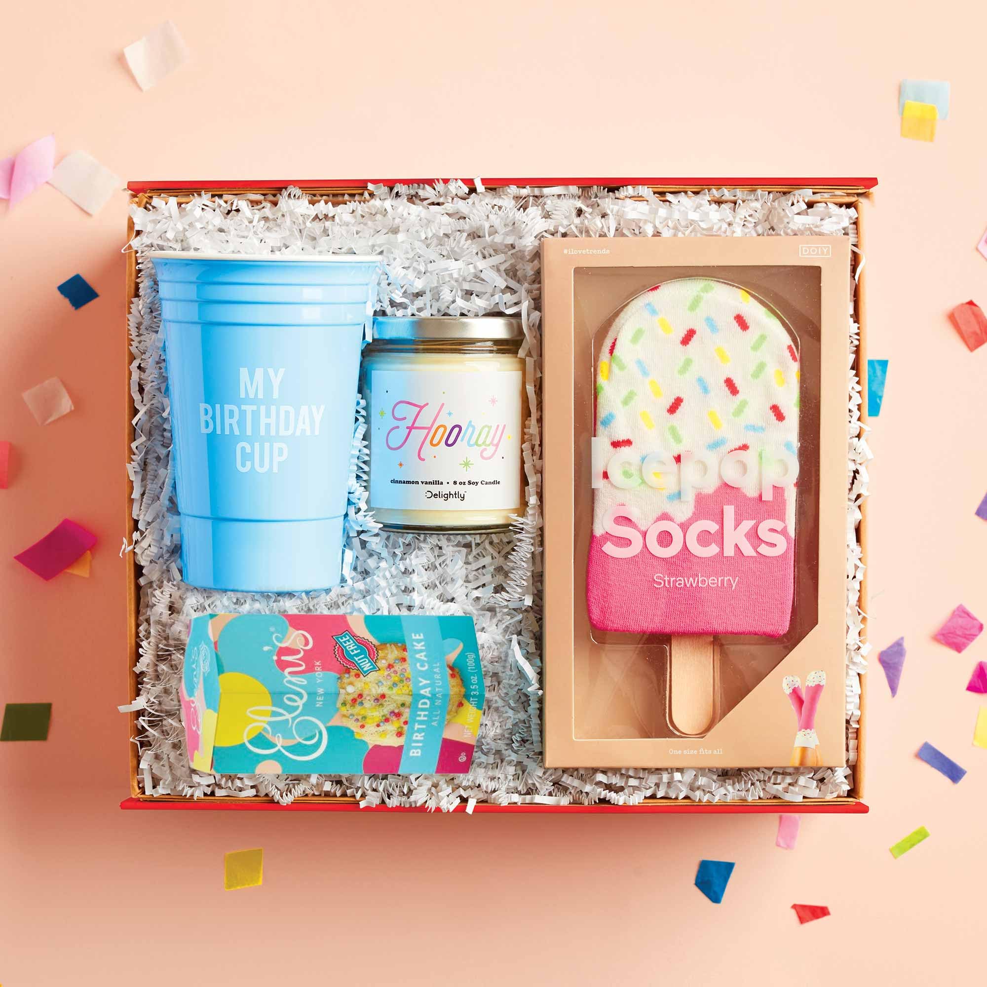 Delightly - Cue The Confetti Kit - Premium Birthday Gift Set with Party Cup, Candle, Chocolate Covered Pretzels & Fun Socks - Perfect Celebration Box for Birthdays, Anniversaries & Special Occasions - Great for Parties, Surprise Gifts & Festive Gatherings