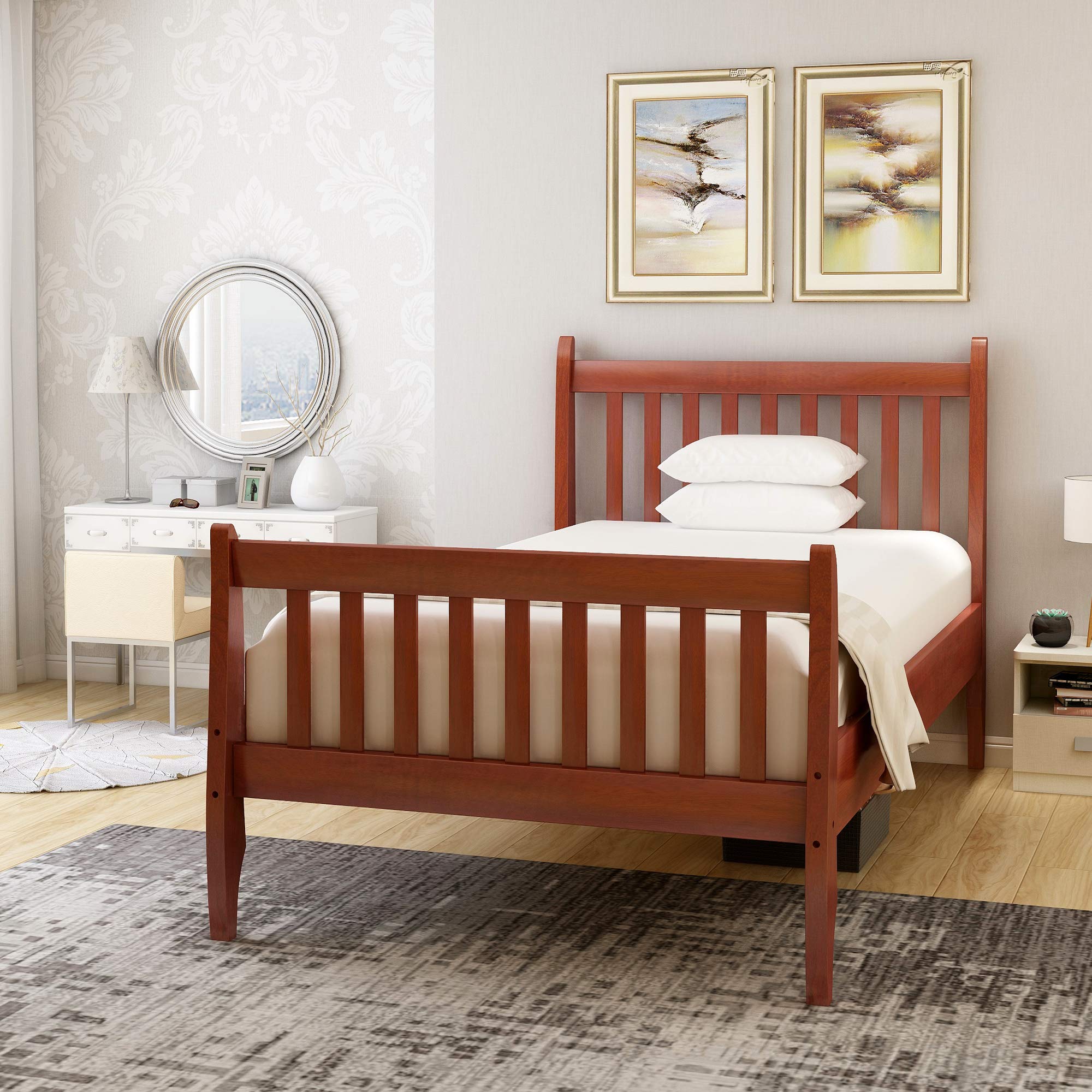 Solid Wood Twin Bed Frame with Headboard & Footboard - Sturdy Platform Bed with Wood Slat Support - Twin Size (Walnut Finish) - Perfect for Teen Bedrooms, Guest Rooms & Small Spaces