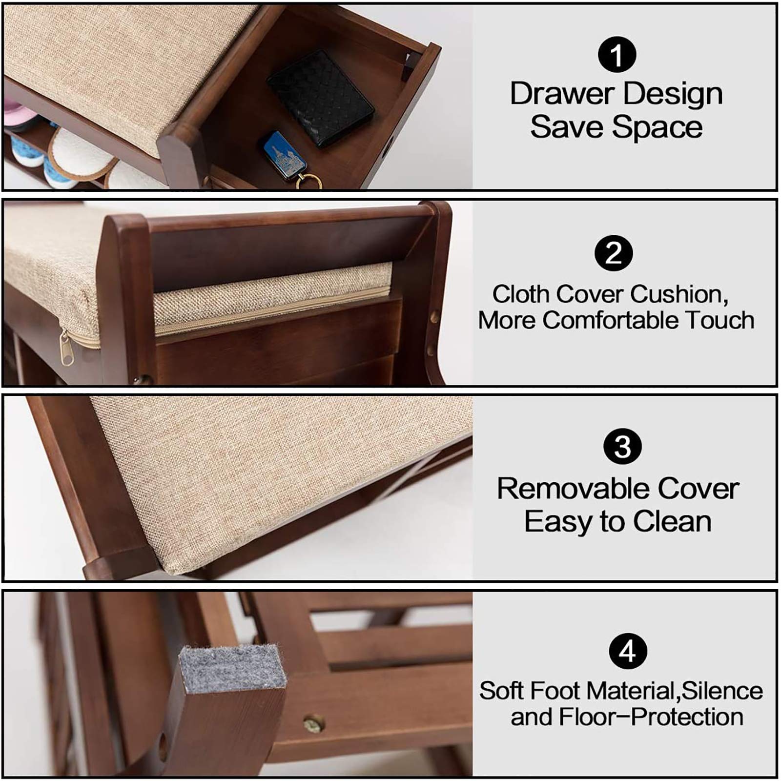 2-Tier Bamboo Shoe Bench with Removable Cushion & Hidden Drawer - Entryway Shoe Storage Organizer with Umbrella Stand - Perfect for Living Room, Bedroom & Bathroom Organization