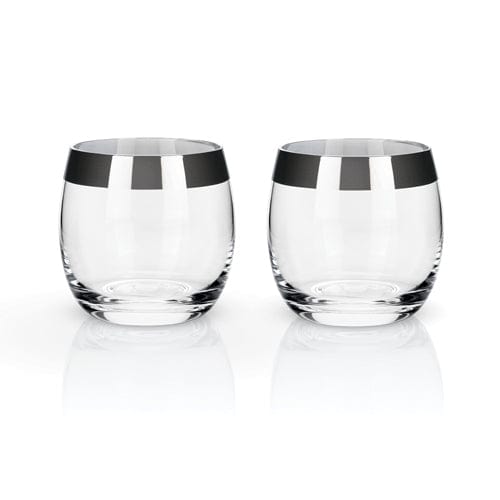 Premium True Fabrications Viski Chrome Rim Tumblers Set of 2 - Elegant Whiskey Glasses for Home Bar, Cocktail Parties & Gifts