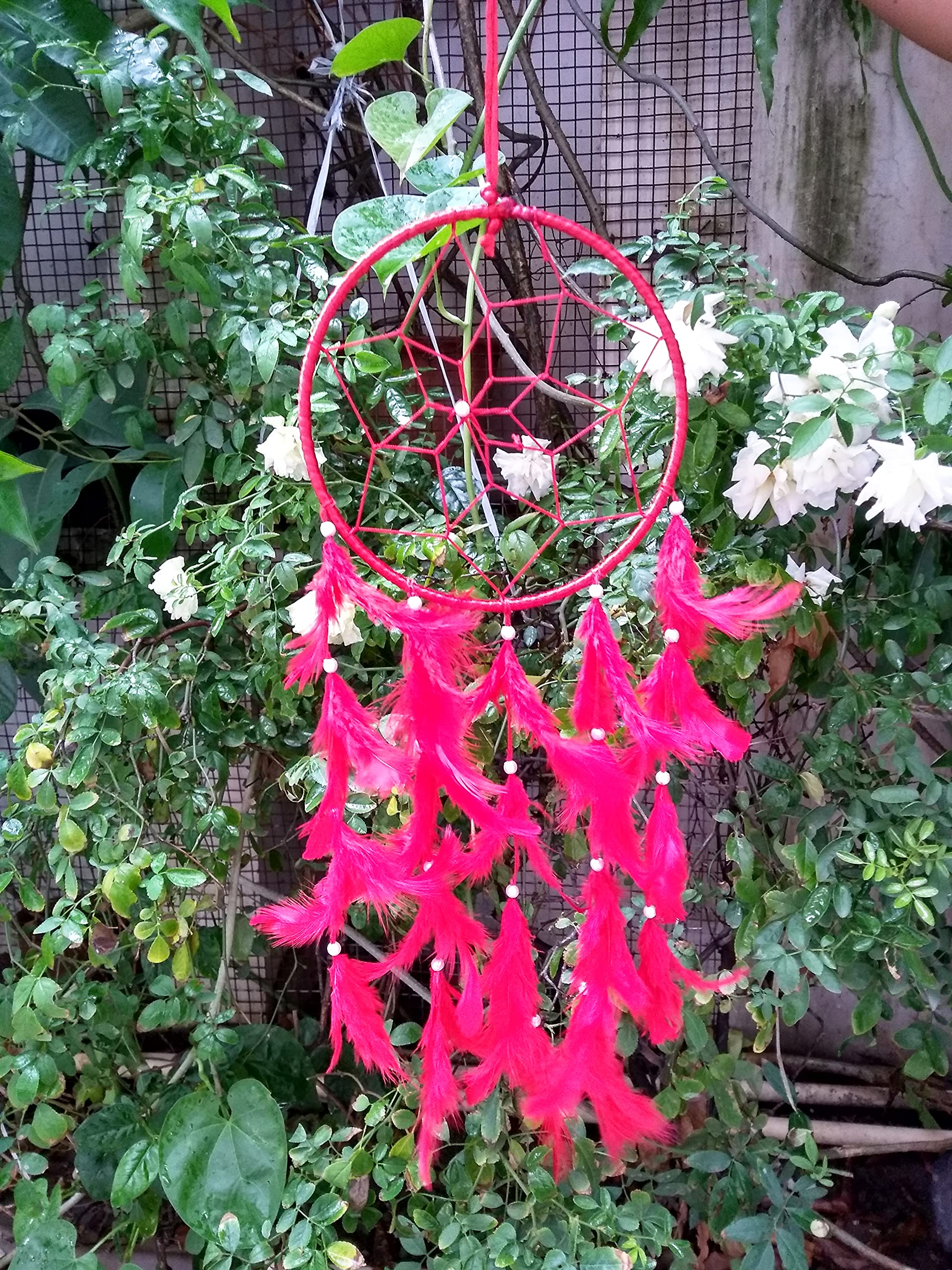 Handmade Dream Catchers Wall Decor - Feather Hanging Ornament for Bedroom, Nursery, Home & Car (Large Red Ring) | Boho Chic Room Decor & Spiritual Gift Idea