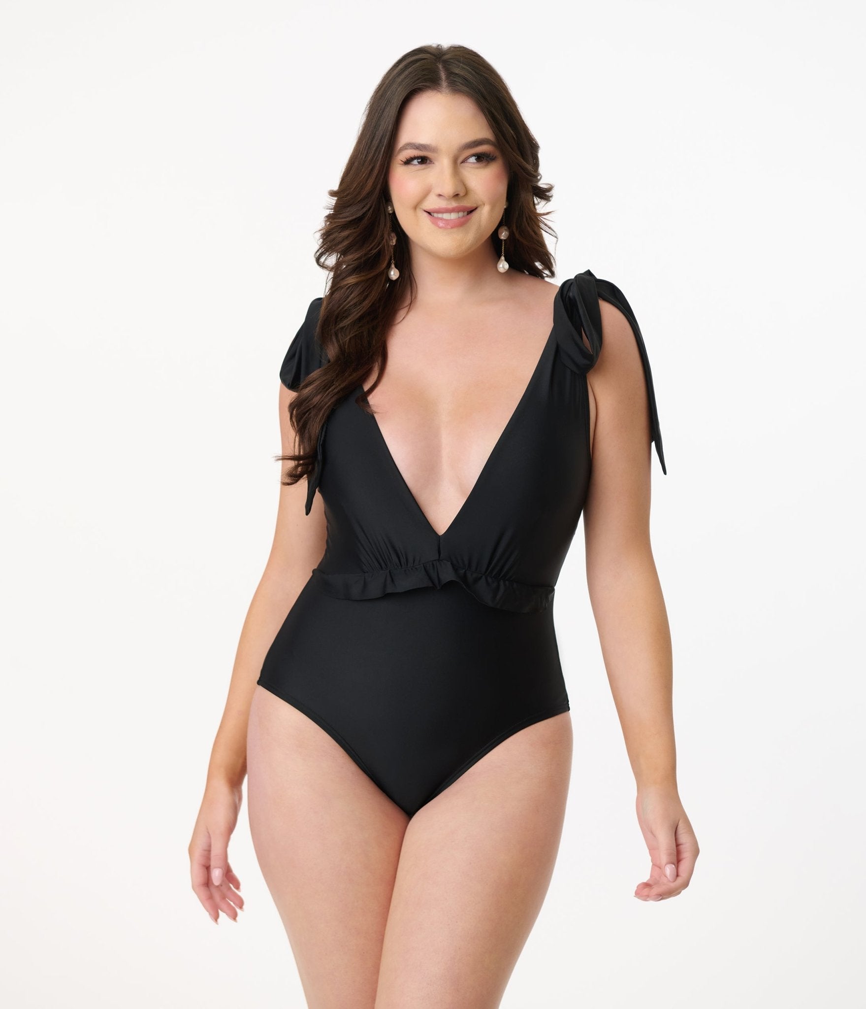 Unique Vintage Black Plunge One Piece Swimsuit - Sexy High Cut Bathing Suit for Women, Retro Pinup Swimwear for Beach & Pool Party