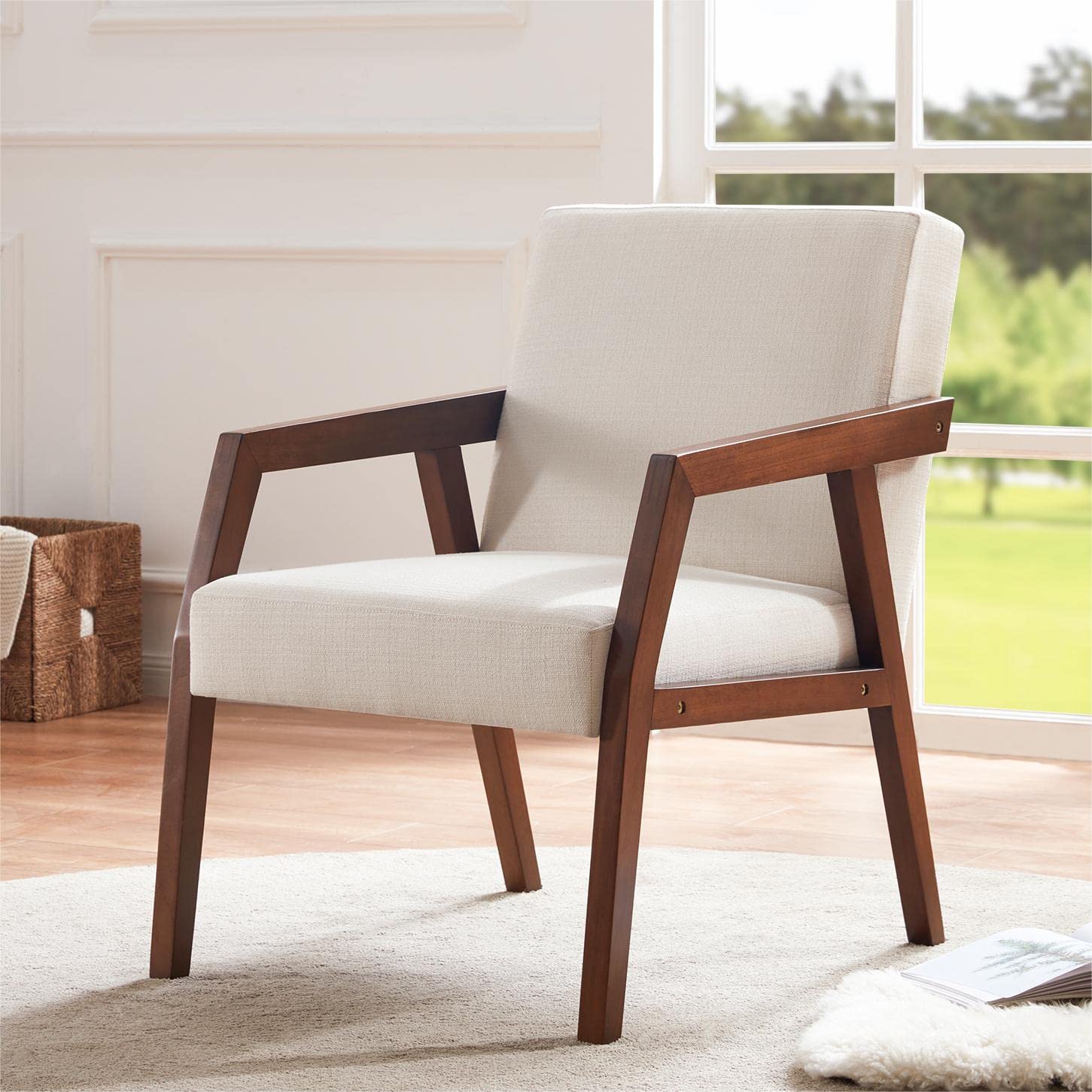 HUIMO Mid-Century Modern Accent Chair - Wooden Lounge Chair with Linen Upholstery, Elegant Reading & Side Chair for Living Room, Bedroom - Perfect for Relaxing, Reading & Home Decor (White)