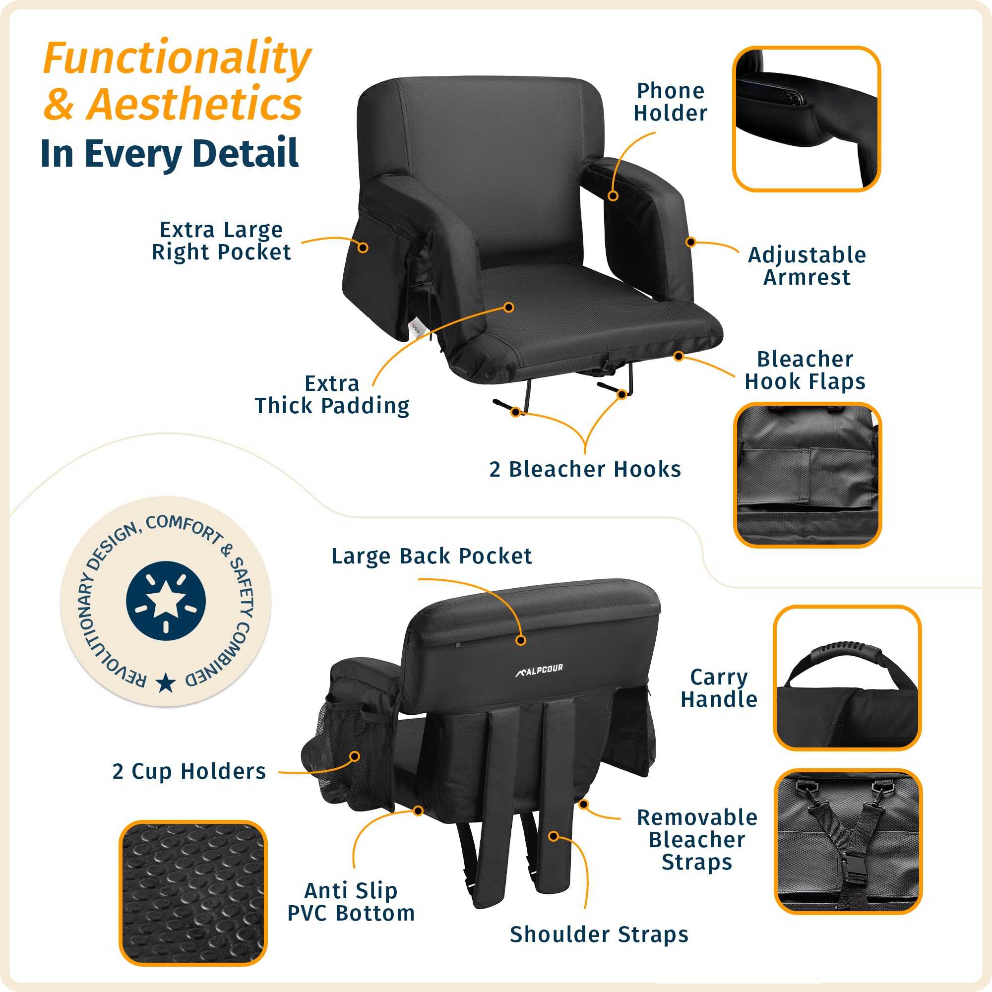 Best Reclining Stadium Seats with Back Support – Wide Bleacher Chair Cushion, Armrests & Large Pockets – Comfortable Folding Seat for Camping, Kayaking, Sports Events & Outdoor Activities – Durable & Safe Design for Bleachers & Benches