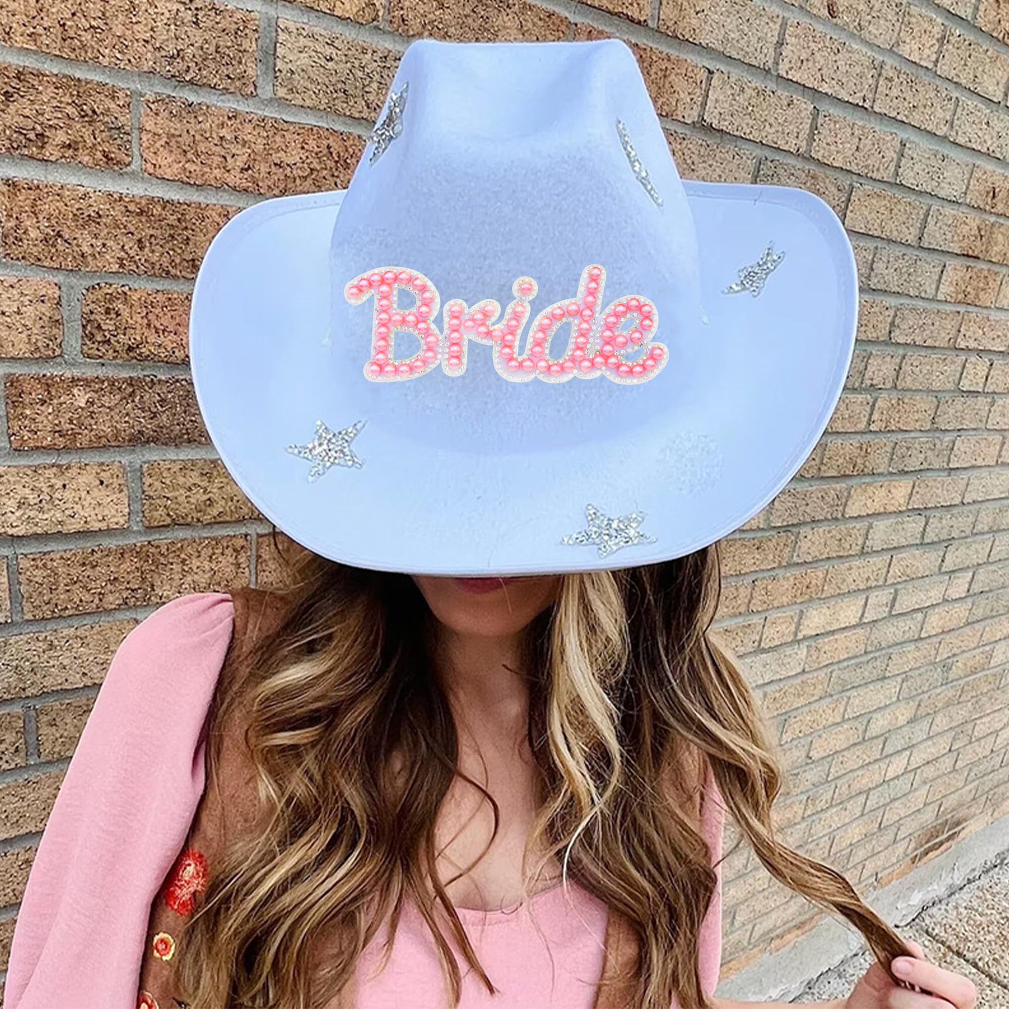Bride Iron-On Patches - Sparkle Letter & Pearl Embellished Sew-On Appliques for Clothing, Jackets, Bags & Hats - Perfect Wedding Gift & Bridal Party Accessories (Pink)