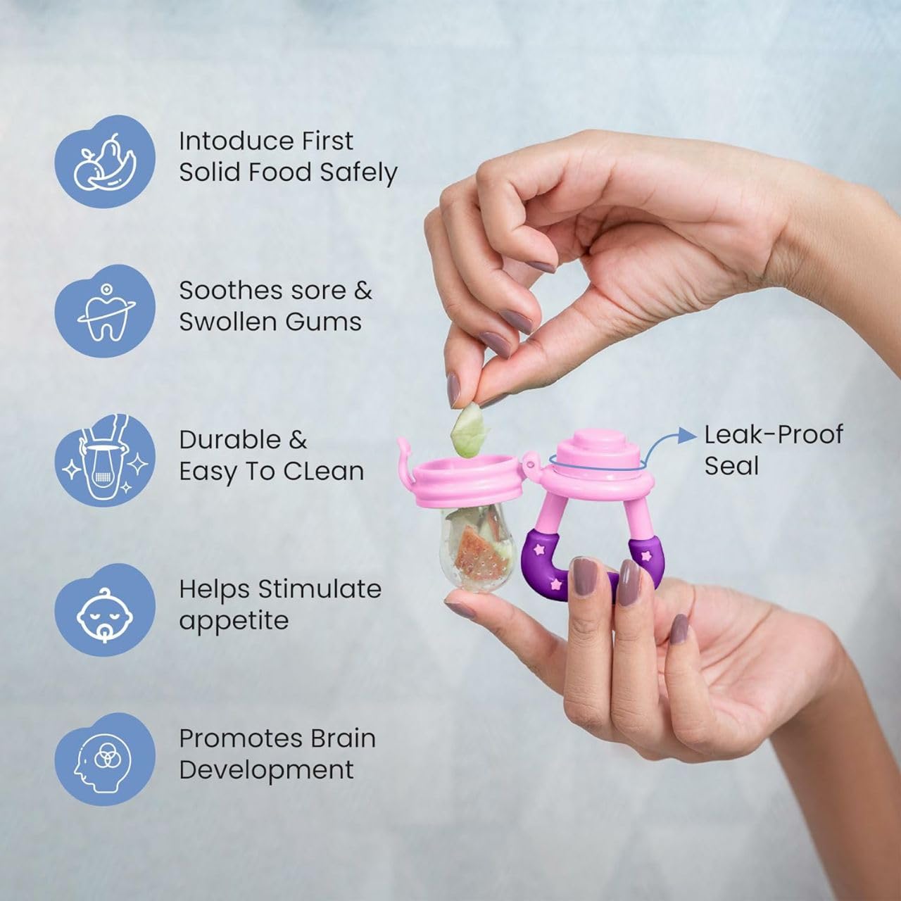 Miracle Moms Baby Fruit Feeder - BPA Free Silicone Teether & Pacifier for Infants 6-12 Months - Safe Nipple Feeder for Newborns (Pink) - Perfect for Soothing Teething Pain & Introducing First Fruits