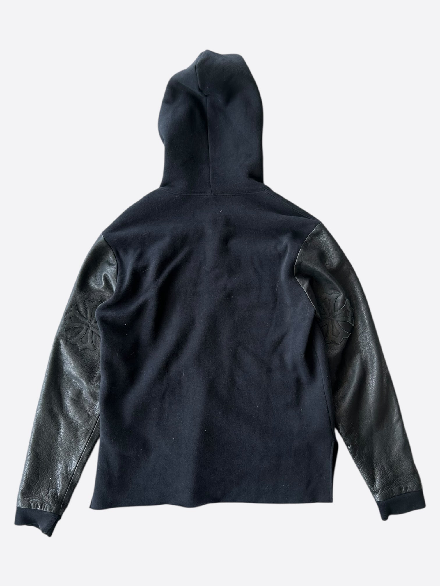 Chrome Hearts Black Leather Triple Cross Patch Hoodie - Stylish Gothic Streetwear for Men & Women | Perfect for Casual Outfits, Parties & Fashion Statements