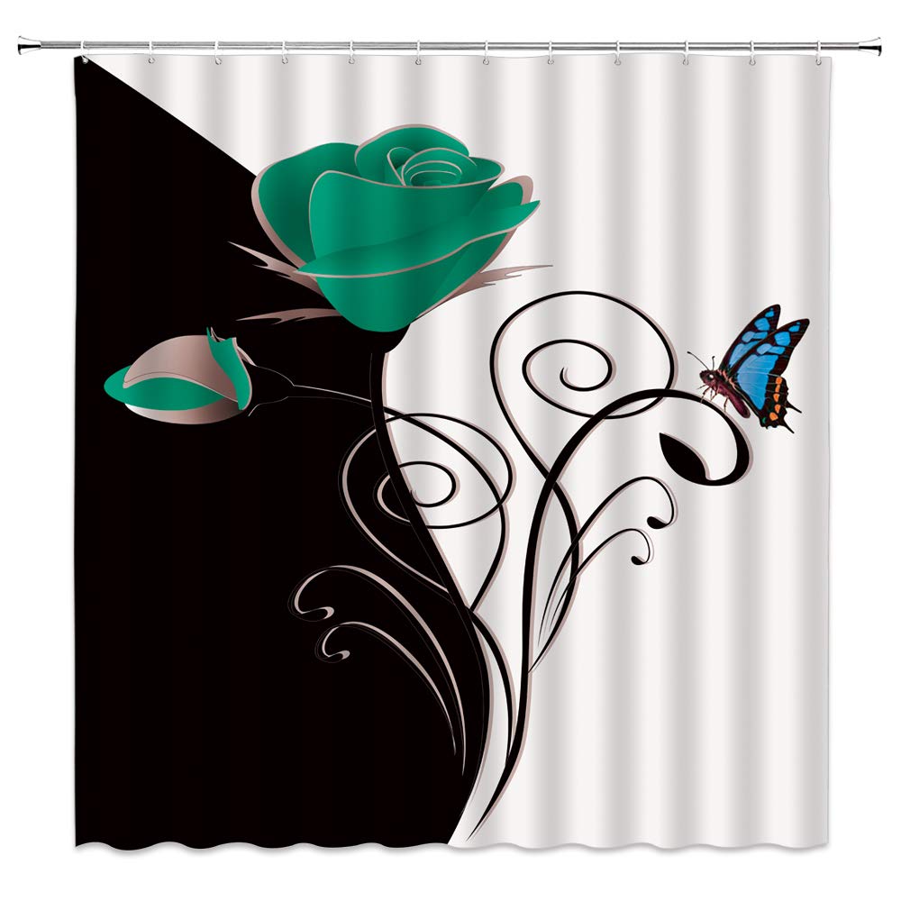 Teal Rose Shower Curtain - Black Turquoise Blue Floral Butterfly Design, Elegant Bathroom Decor Fabric Curtain with Hooks | Valentine's Day Gift, Creative Plant Theme for Modern Bathrooms