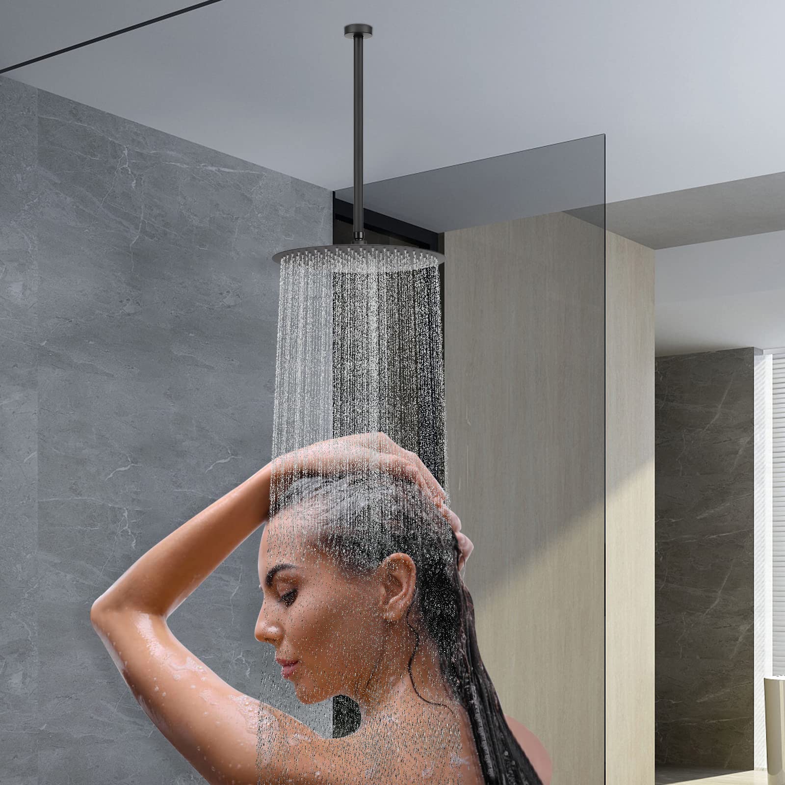 HarJue 16 Inch Matte Black Stainless Steel Ceiling Mount Shower Arm - Rain Shower Extension with Flange & Teflon Tape for Fixed Shower Heads | Bathroom Upgrade for Modern & Spa-Like Showers