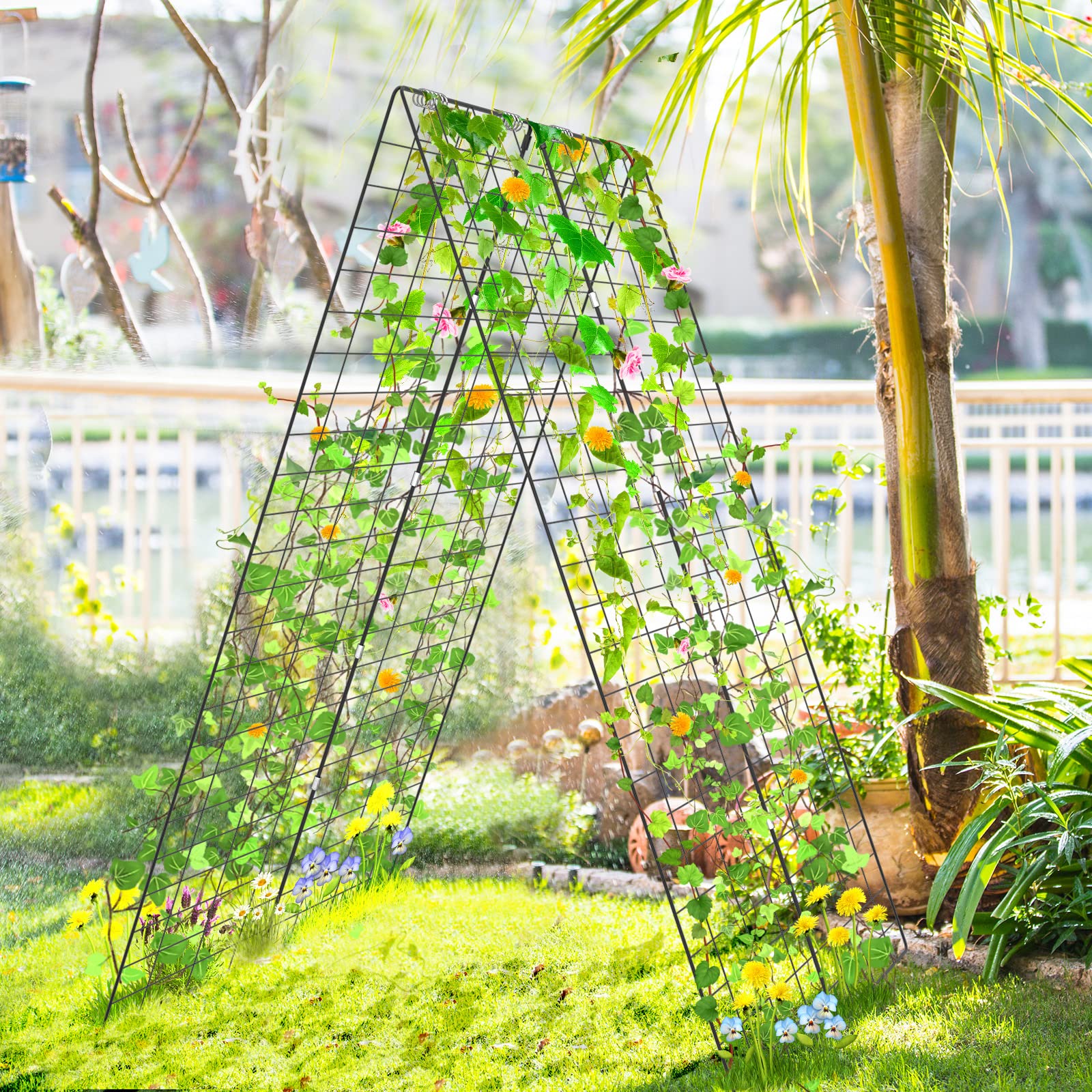 48 x 34 Inch Foldable A-Shape Cucumber Trellis for Garden - 8 PCS Plant Support with 18 Clips, 16 Stakes, 8 Spiral Connectors, 12 Cable Ties - Perfect for Climbing Plants, Vegetables, and Vines in Outdoor Gardens, Backyards, and Greenhouses