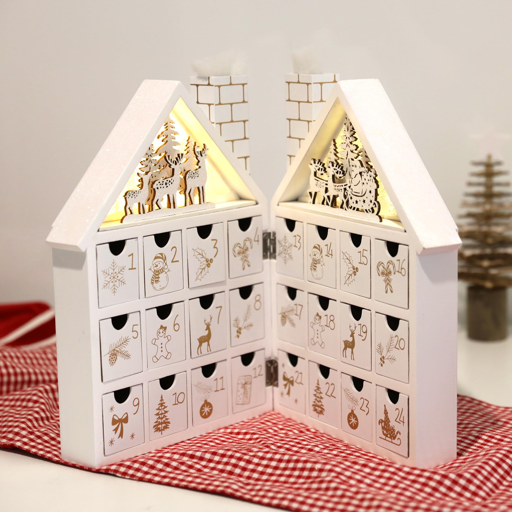Wooden Christmas Advent Calendar House with 24 Drawers & LED Lights - Holiday Countdown Calendar for Christmas Decorations 2023, Candy Storage Box (White Forest) - Perfect for Home, Office & Gift Giving