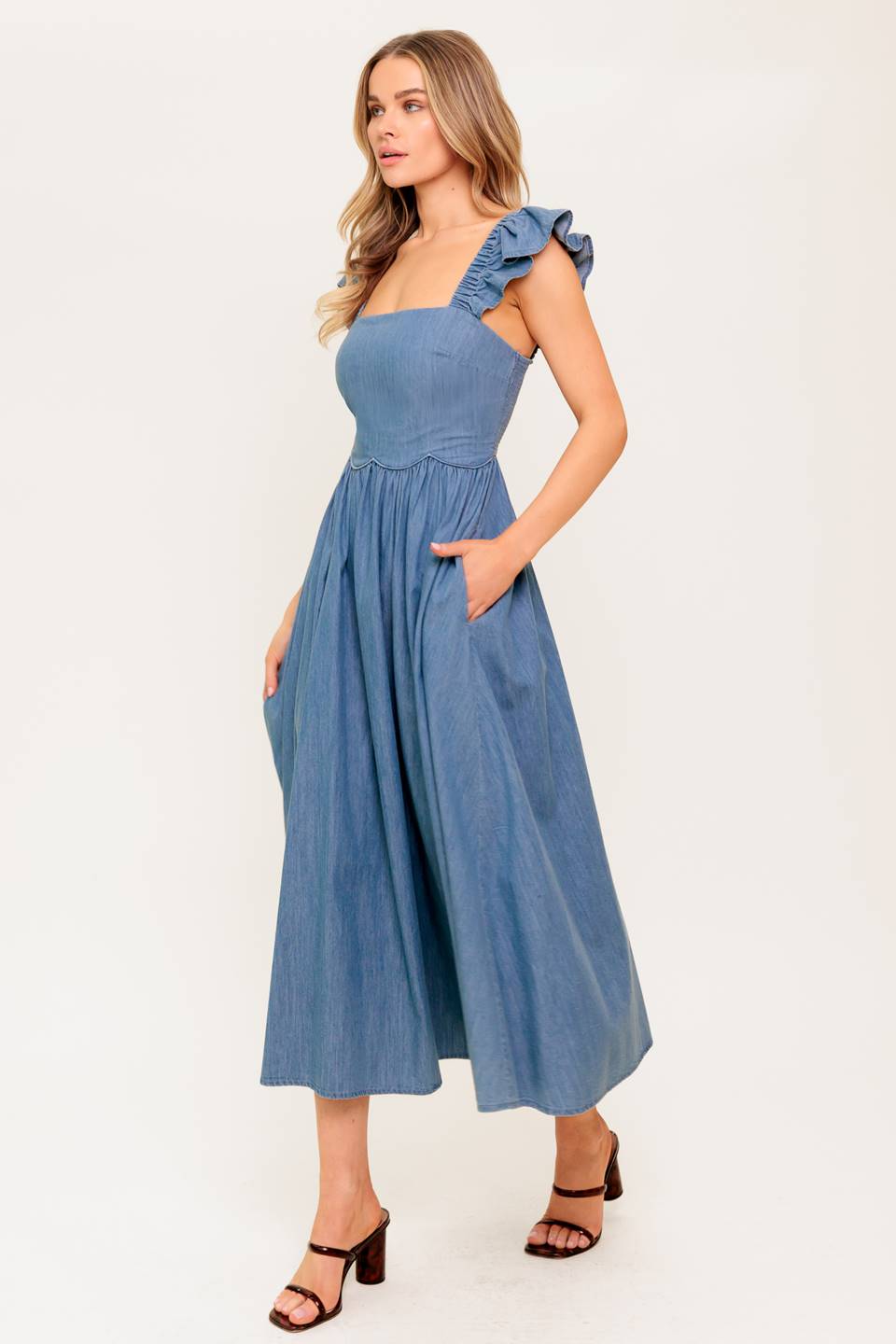 Stylish DRIFTWOOD PETAL CHAMBRAY MIDI DRESS for Women | Floral Print Summer Dress | Perfect for Beach Vacations, Date Nights & Casual Outings