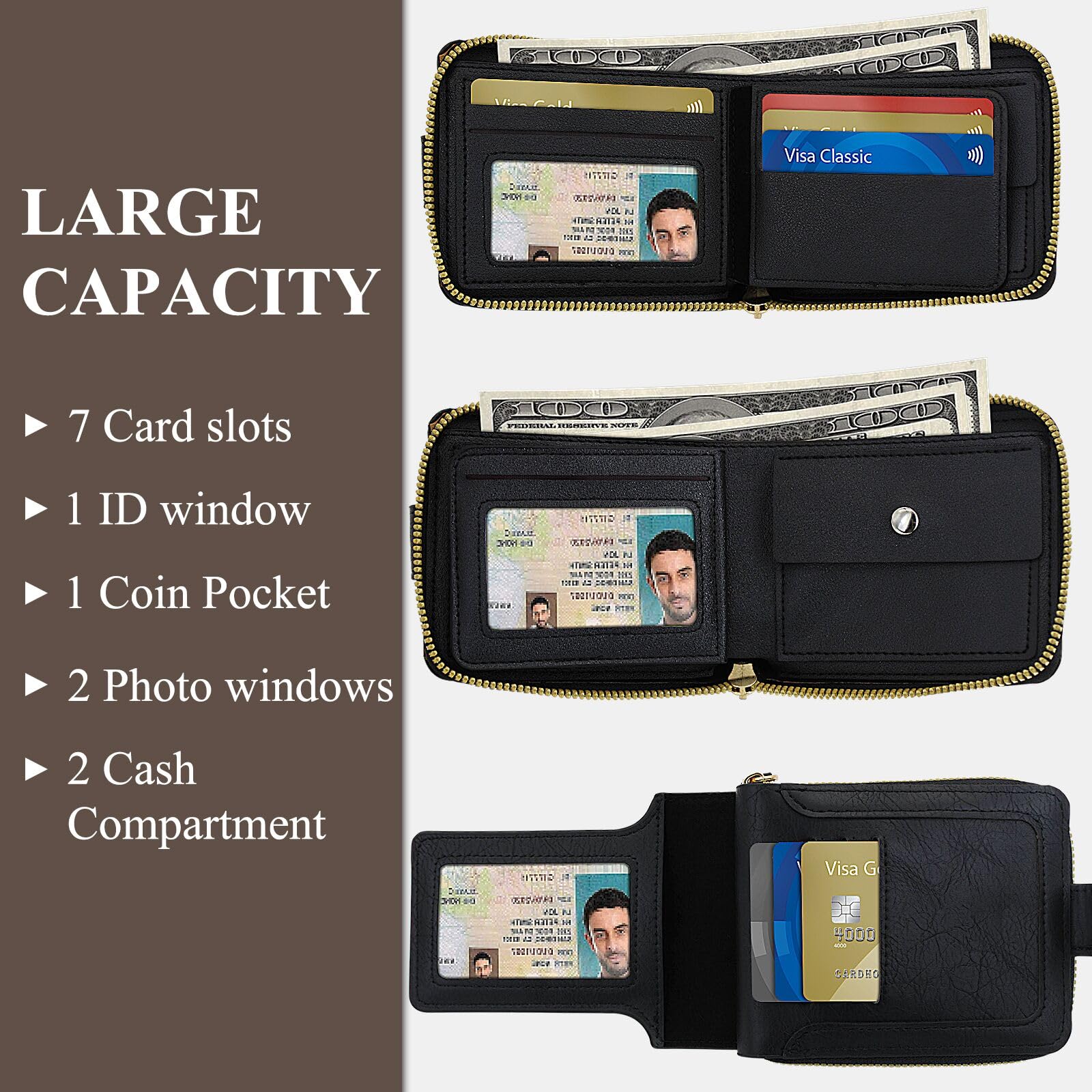 Vintage PU Leather Men's Wallet with 10 Card Slots & Zipper Pocket - Large Capacity RFID Blocking Credit Card Holder for Travel, Business & Everyday Use (Brown)