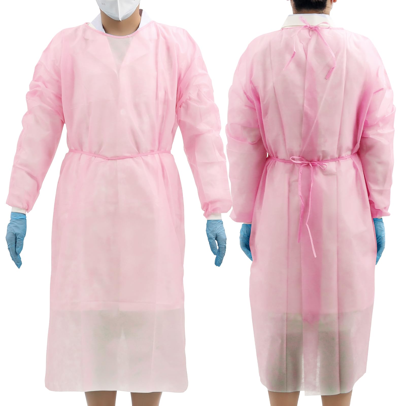 100 Pcs Disposable Isolation Gowns - Pink Polypropylene Medical Gowns with Knitted Cuffs for Healthcare Workers, Hospitals & Home Care - Protective Coverall for Medical Use, Nursing, Tattoo Shops & Beauty Salons