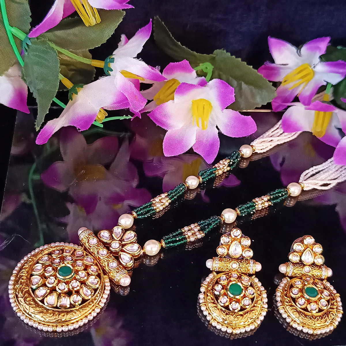 Luxury Gold Plated Royal Kundan Ruby Beads Pendant Necklace Set (D437) - Perfect for Weddings, Parties & Special Occasions