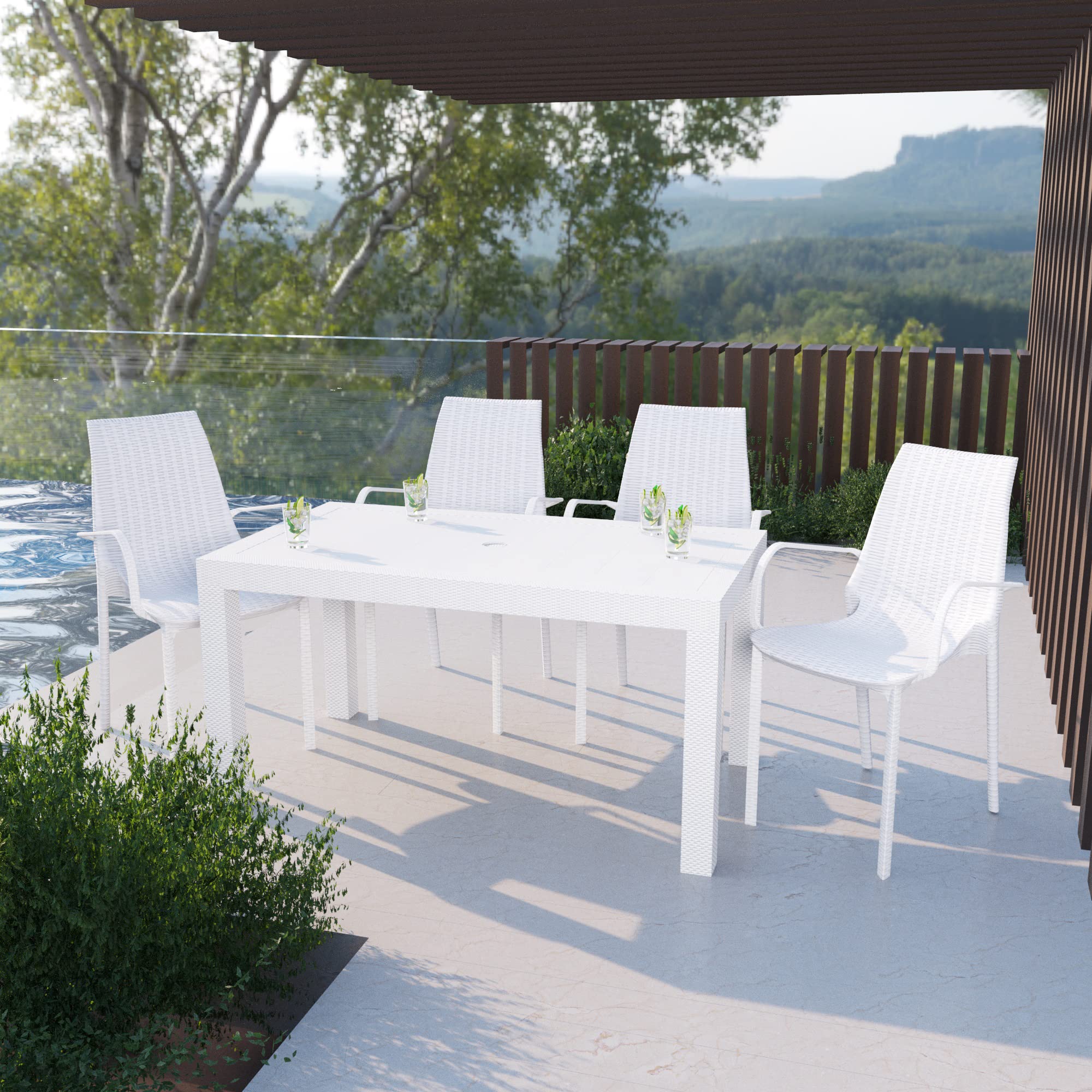 LeisureMod Kent Modern Indoor Outdoor Patio Stackable Dining Arm Chair Set of 4 (White) - Perfect for Backyard, Poolside, Restaurant & Home Decor