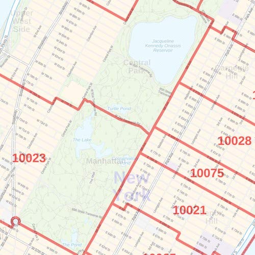 New York County NY Zip Codes Map - 36x48 Inch Rolled Canvas Wall Art for Home & Office Decor | Perfect for Gifts, Classrooms, and Interior Design
