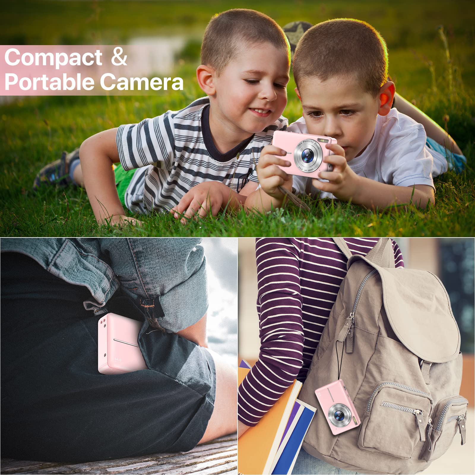 FHD 1080P Digital Camera with 16X Zoom - Compact Point & Shoot Camera for Kids, Teens & Seniors | Light Pink Portable Mini Camera for Travel, School & Family Events