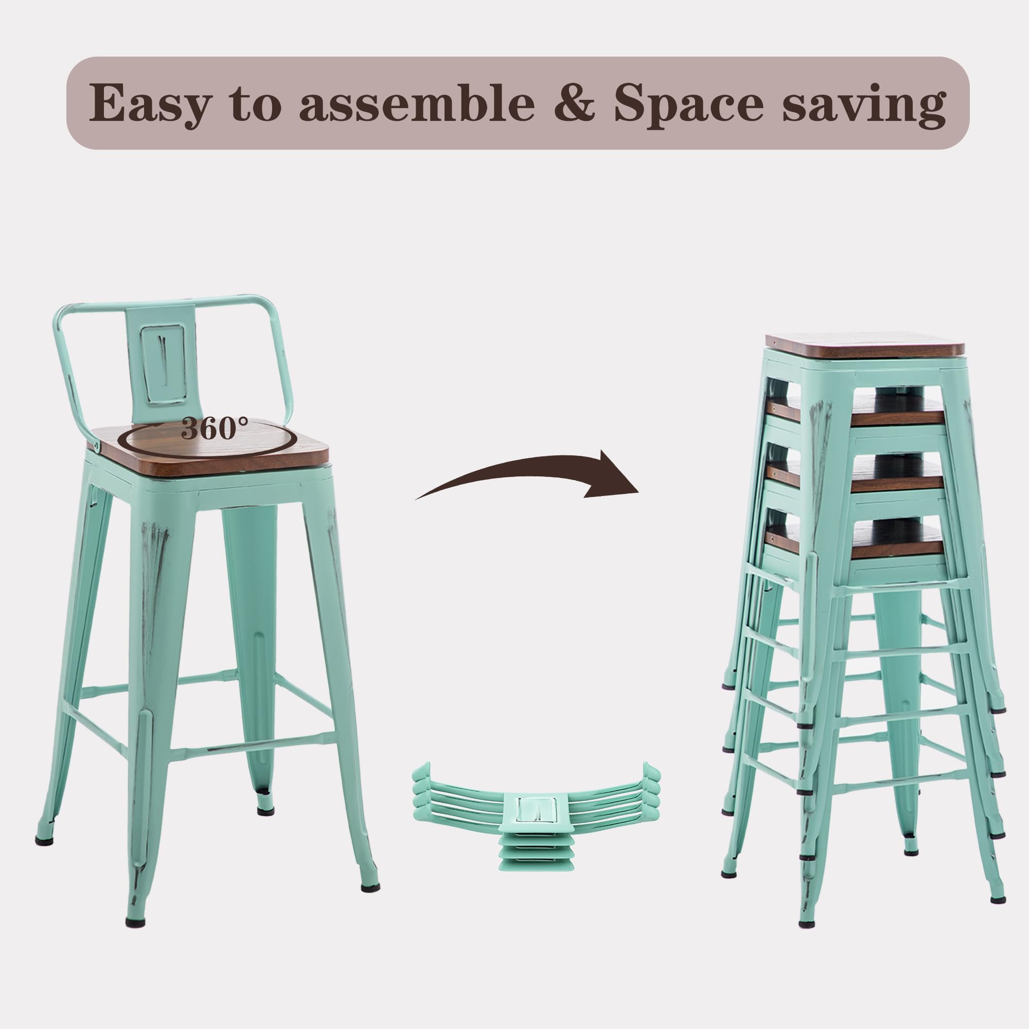 24 Inch Bar Stools Set of 4 - Counter Height Swivel Bar Chairs with Back Support, Metal Frame Kitchen Stools in Blue - Perfect for Home Bar, Kitchen Island & Breakfast Nook