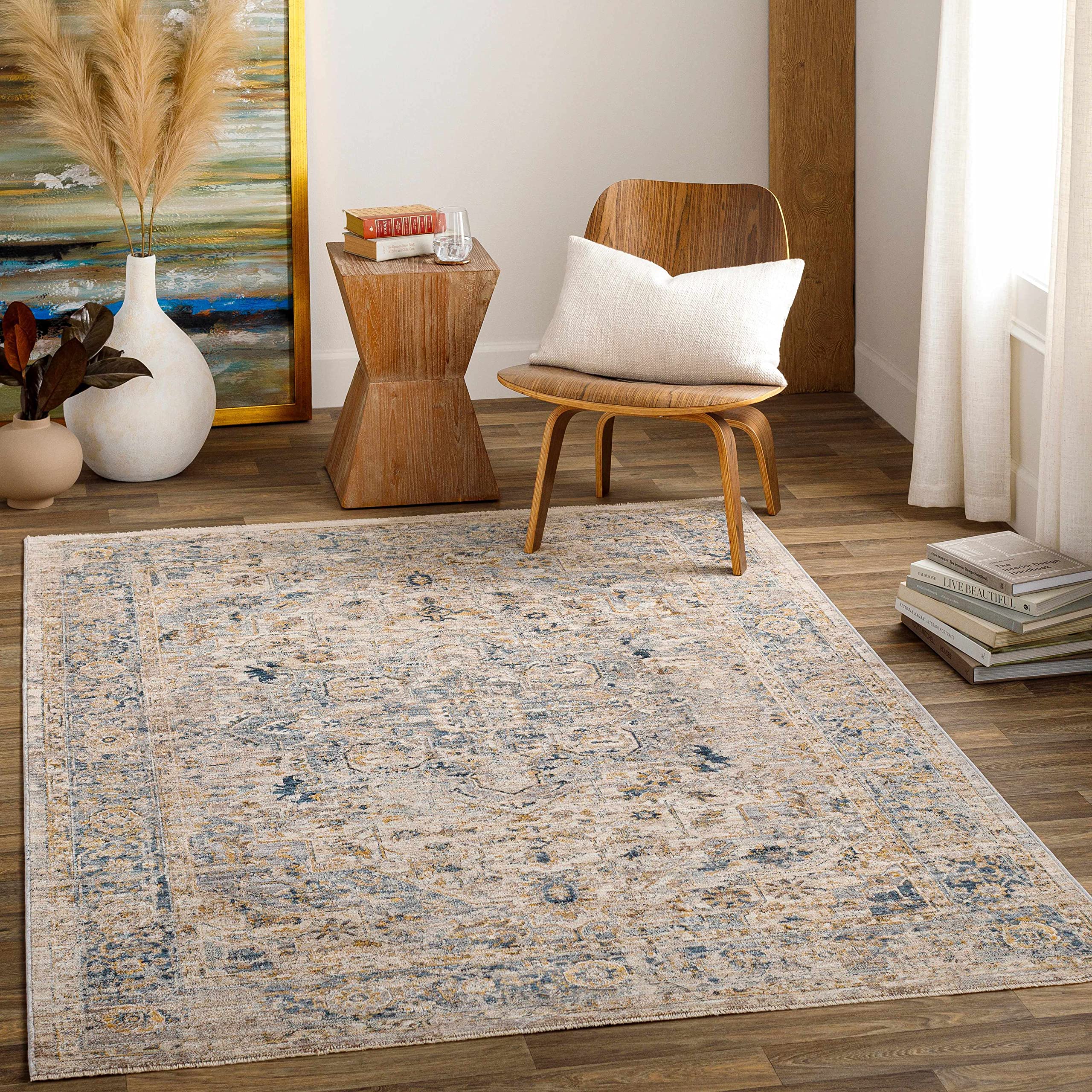 Hauteloom Chuka Traditional Beige and Blue Area Rug 5' x 7'5