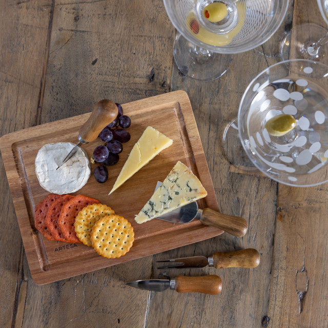 Premium Acacia Wood Cheese Board & Knife Set - 5 Piece Charcuterie Serving Platter with Stainless Steel Knives for Entertaining, Wine Pairing & Gourmet Cheese Presentation