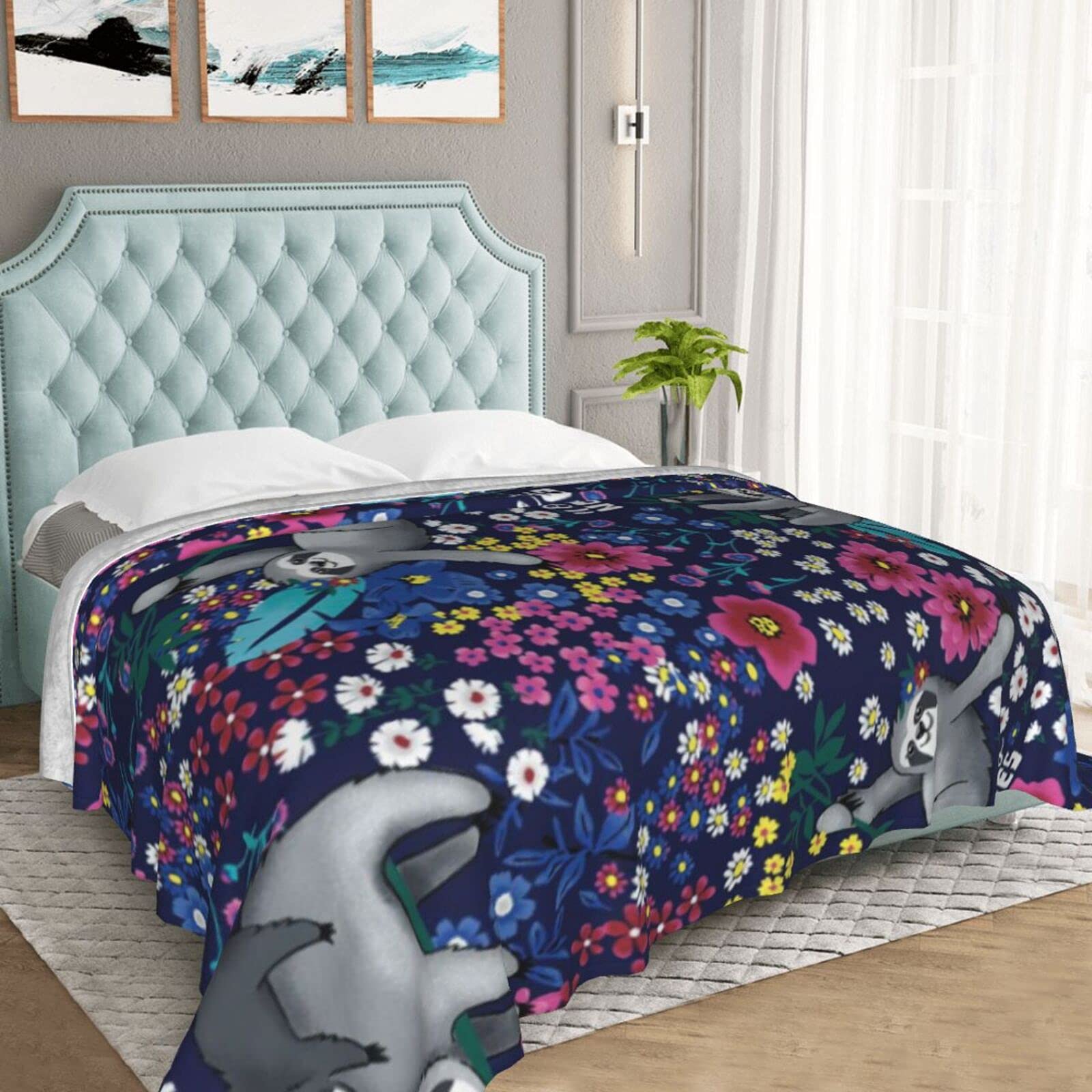 Soft Sloth & Floral Fleece Throw Blanket - Cozy Microfiber Blanket for Bed, Sofa & Living Room - Perfect for Netflix Nights, Winter Snuggles & Home Decor