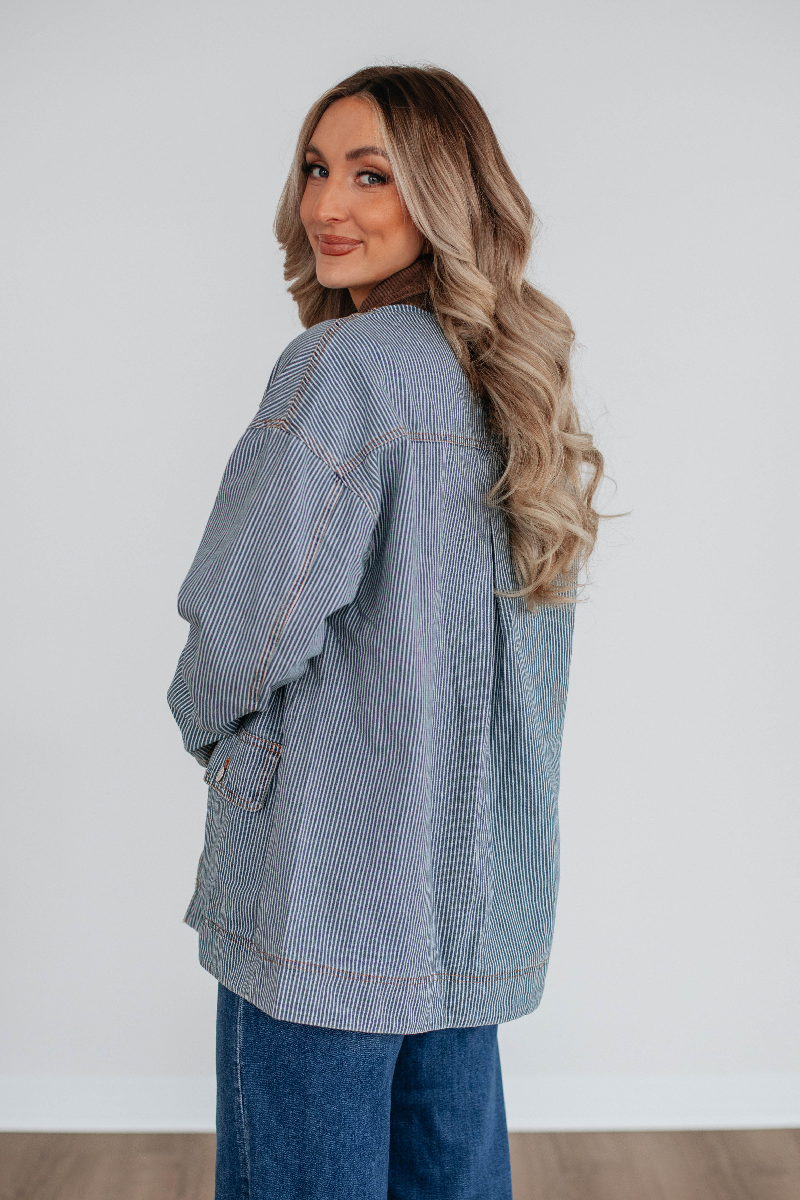 Harlan Striped Denim Jacket for Women - Light Wash Distressed Vintage Style - Perfect for Casual Outfits, Streetwear & Spring Layering