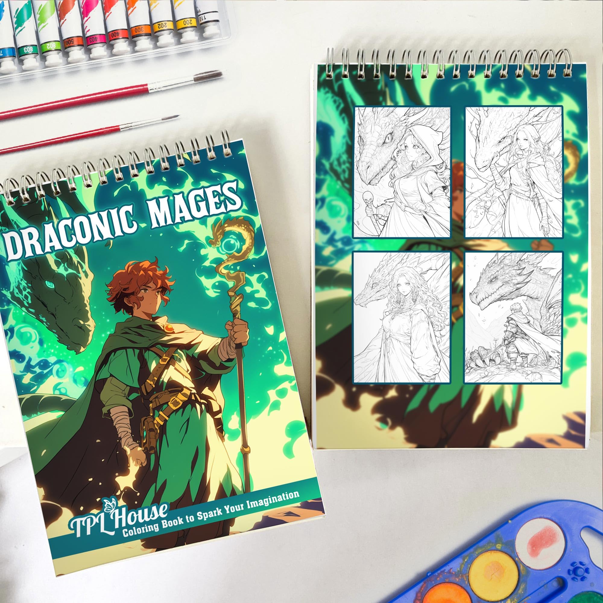 TPLHOUSE Draconic Mages Coloring Book for Adults - Spiral Bound Soft Cover with 30 Magical Dragon Mage Pages | Fantasy Art Therapy for Stress Relief & Relaxation | Perfect for Meditation, Creative Hobbies & Gift Giving