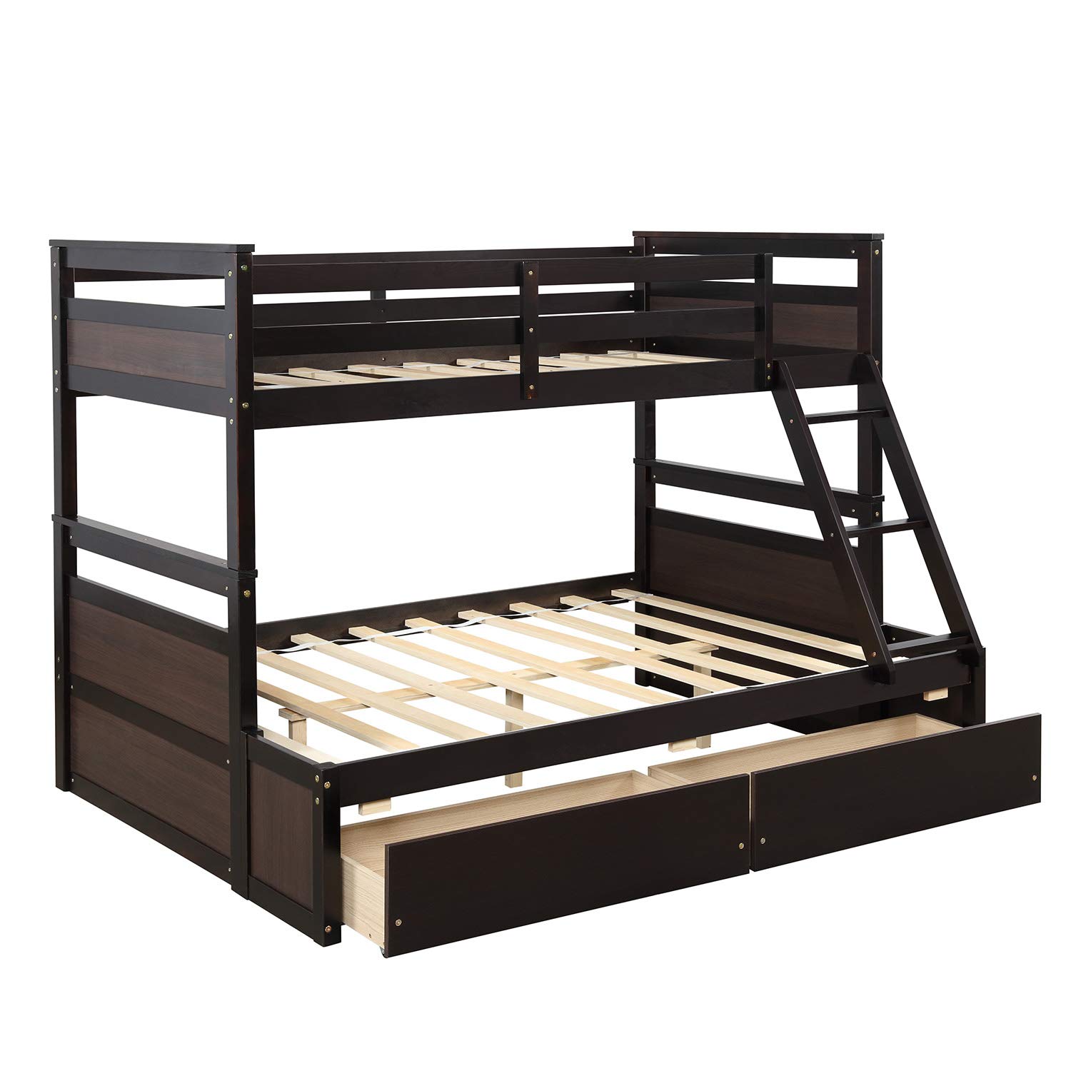 Solid Wood Twin Over Full Bunk Bed with Storage Drawers & Safety Rail - Convertible to 2 Separate Beds, Loft Bed or Platform Bed - No Box Spring Needed (Espresso Finish) - Perfect for Kids' Rooms, Guest Rooms & Small Spaces