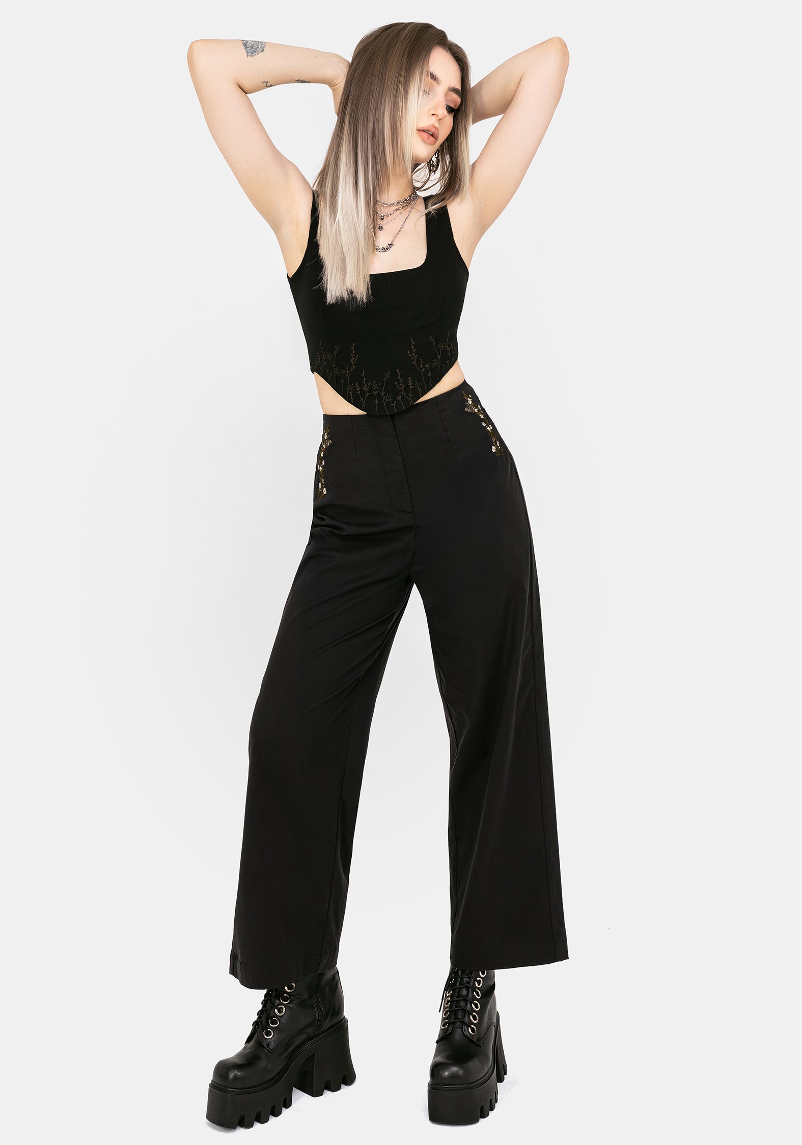 Harmony Embroidered Cropped Pants for Women - Boho Floral Print High Waisted Wide Leg Trousers - Perfect for Summer, Vacations & Casual Outings