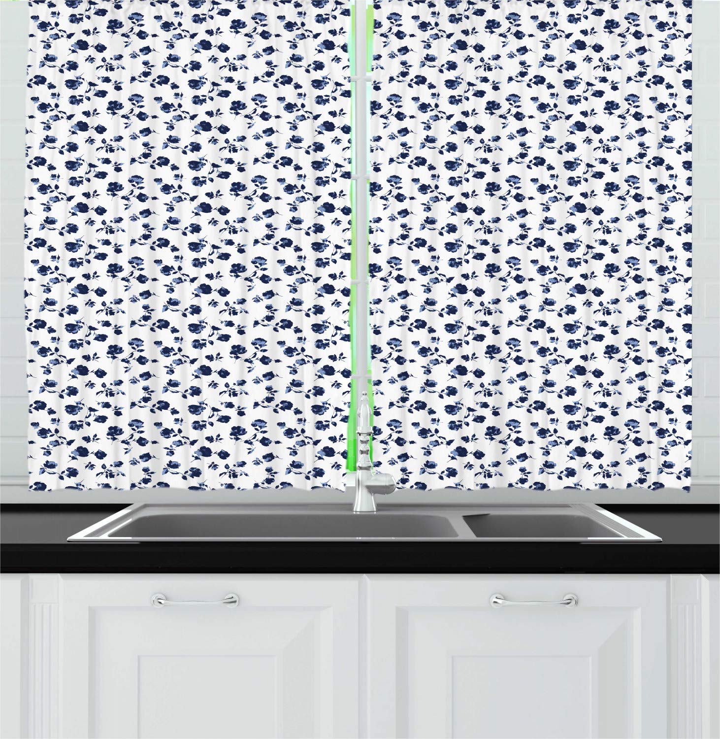 Ambesonne Floral Kitchen Curtains Set of 2 Panels - Blossoming Flowers Design in Dark Blue & Pale Blue - 55