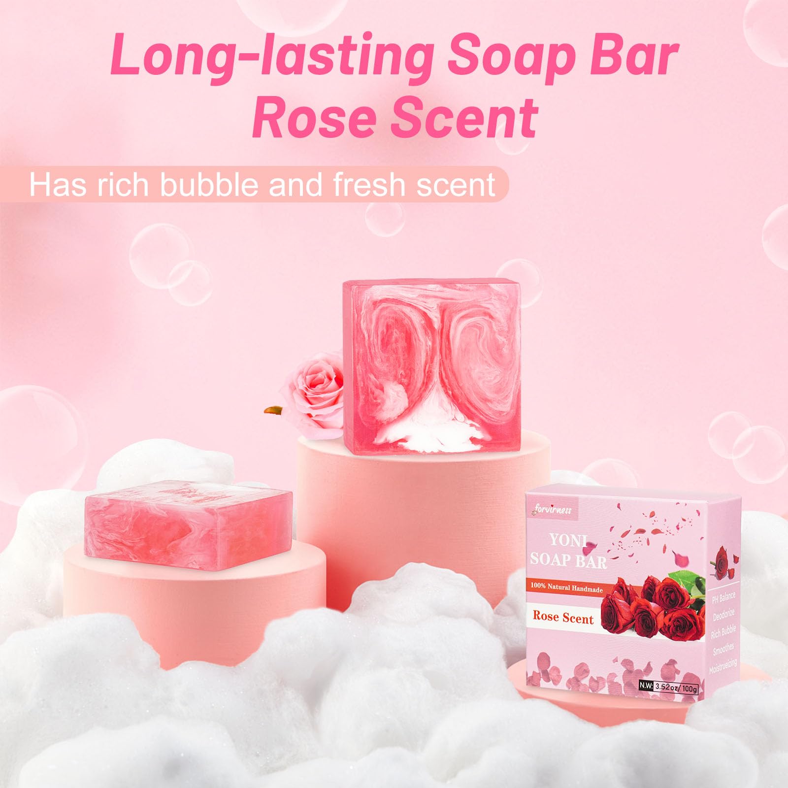 3 Pack Yoni Bar Soap for Women - 100% Natural Organic Feminine Wash with pH Balance, Moisturizing Vaginal Soap with Rose Scent | Intimate Hygiene, Daily Cleansing & Gentle Care for Sensitive Skin