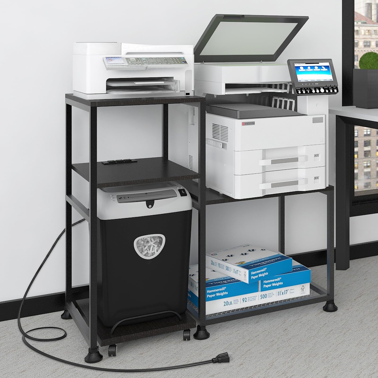 Natwind Printer and Shredder Stand with Power Outlet - Heavy Duty Ergonomic Workstation Organizer for Home Office, Black - Perfect for Desk Organization & Cable Management