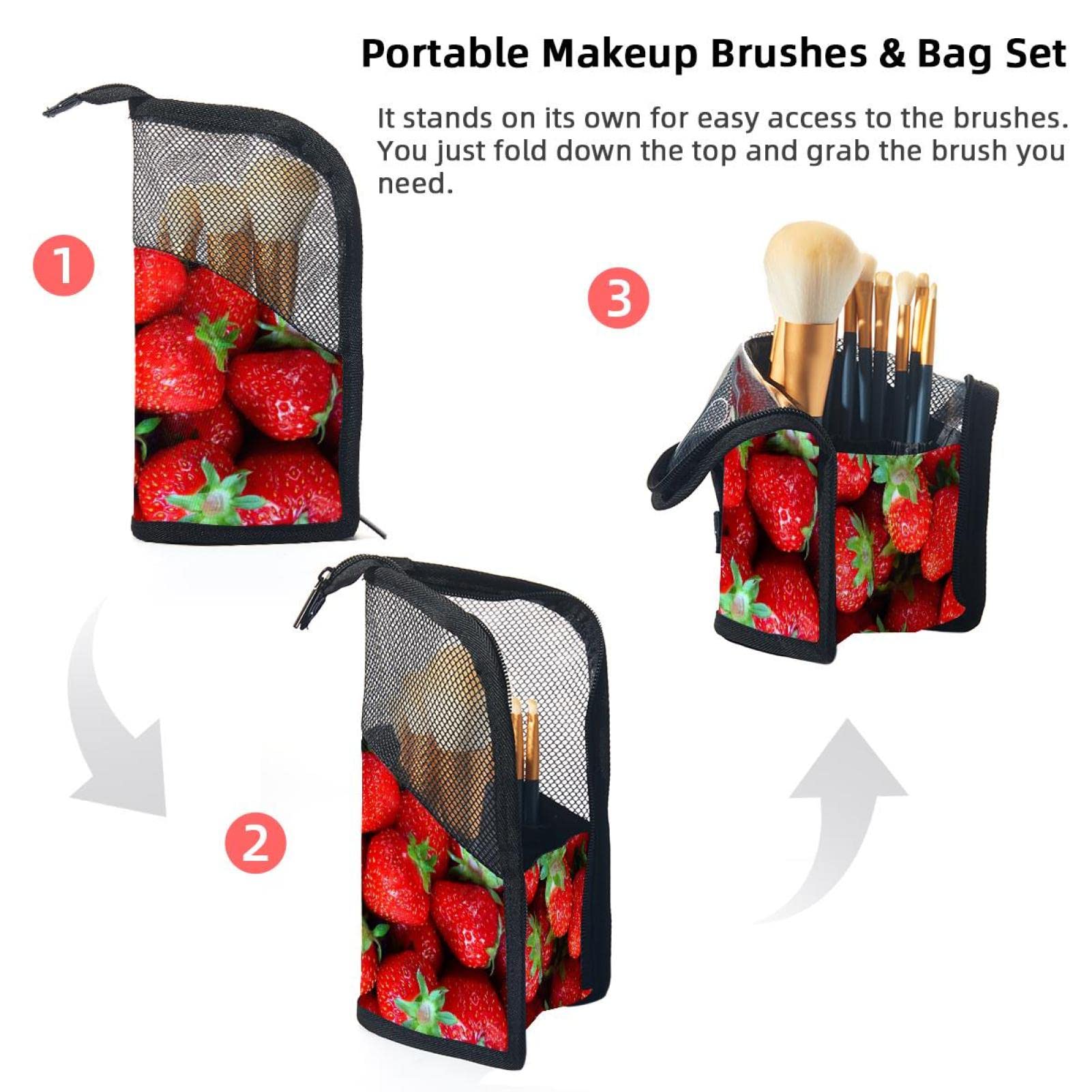12-Piece Strawberry Makeup Brush Organizer Bag - Portable Travel Brush Holder Case for Makeup Brushes | Perfect for Travel, Home, and Professional Use