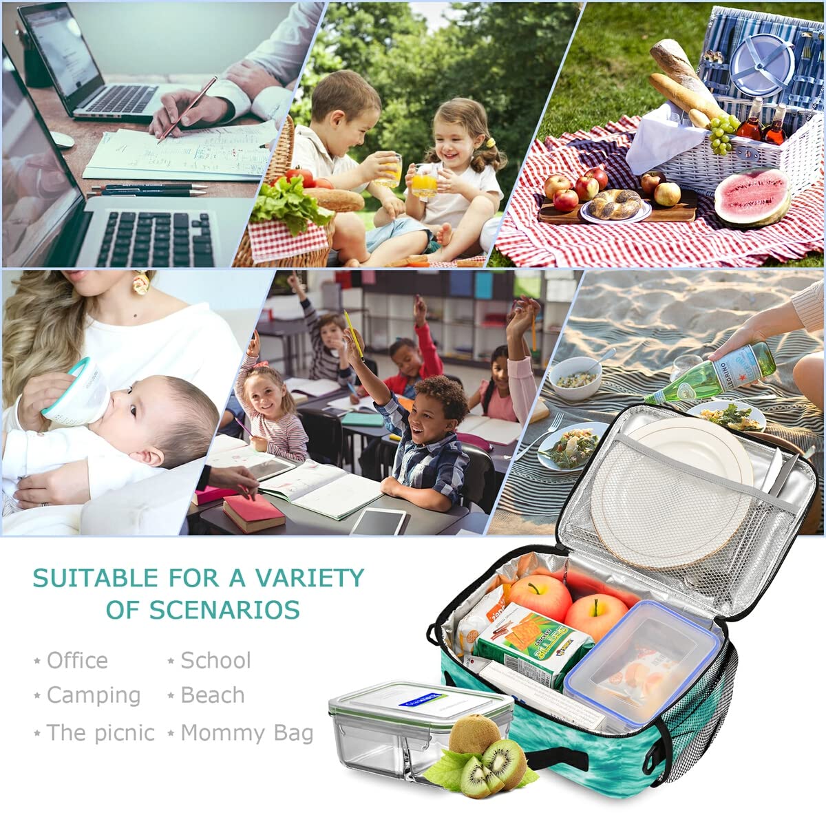 Insulated Lunch Bag for Women & Men - Teal Turquoise Tie Dye Design, Adjustable Shoulder Strap, Reusable Lunch Tote for Work, Office, School, Picnic & Outdoor Activities | Keep Meals Fresh All Day