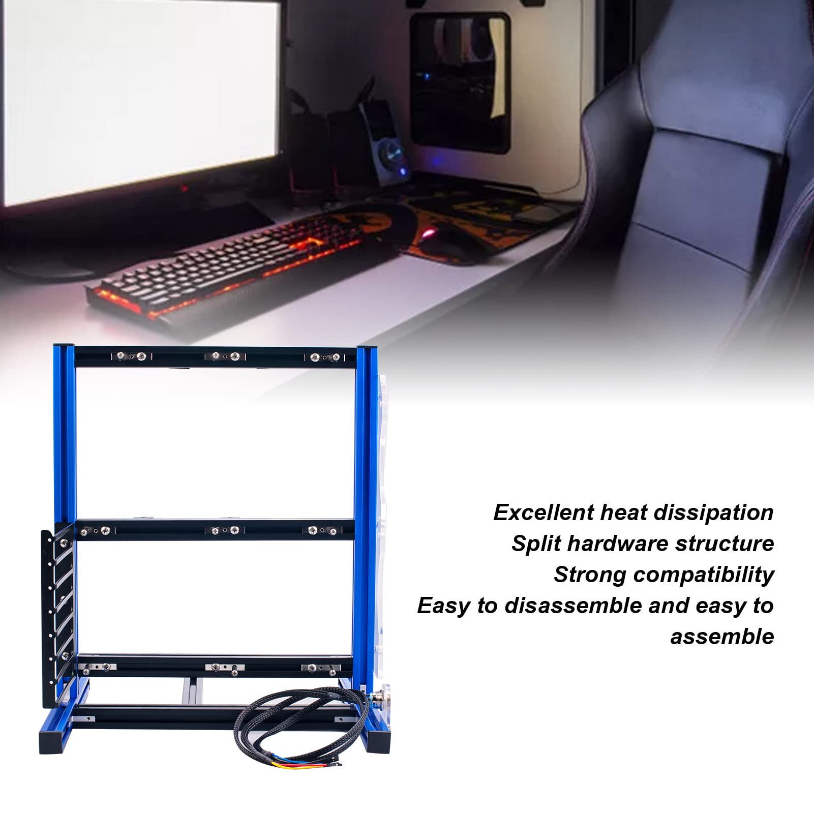 PUSOKEI DIY Open Frame Computer Case Bracket - Vertical Aluminum Stand for ATX/MATX/ITX Motherboards - Full Naked Heat Dissipation (Blue) - Perfect for Custom PC Builds, Gaming Rigs & Tech Showcases
