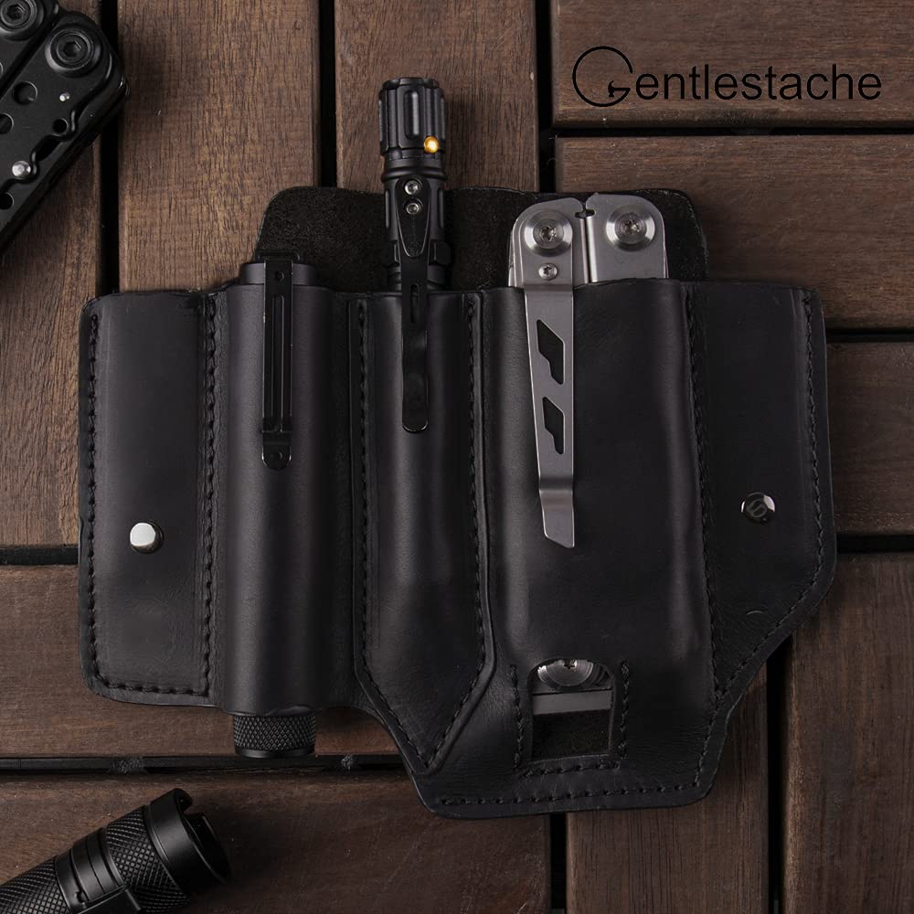 Gentlestache Leather Multitool Sheath Pouch - EDC Belt Holder with Clip for Flashlight & Multitools (Black) - Perfect for Camping, Hiking & Outdoor Adventures