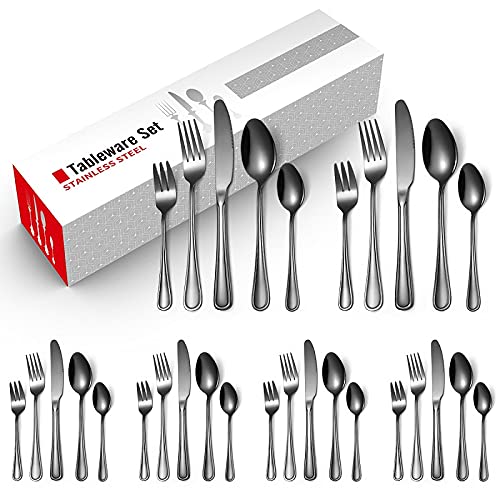 Premium Stainless Steel Silverware Set - 30-Piece Black Cutlery Set with Knife, Fork & Spoon - Elegant Dinnerware for Home, Restaurant & Gifts - Dishwasher Safe Kitchenware Accessories - Perfect for Everyday Dining, Parties & Special Occasions