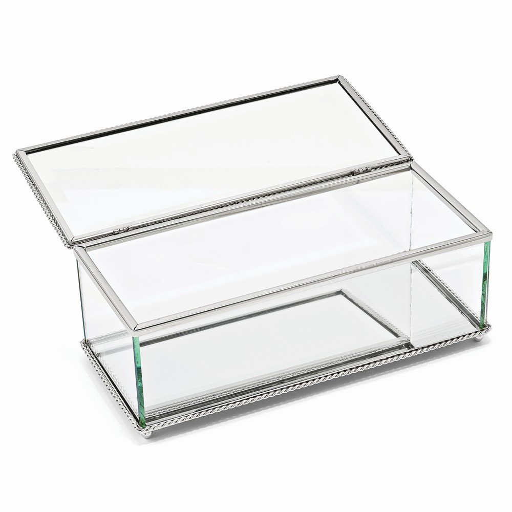 Luxury Nickel-Plated Hinged Rectangular Glass Jewelry Box - Perfect for Storing Rings, Necklaces & Earrings | Elegant Home Decor & Gift Idea