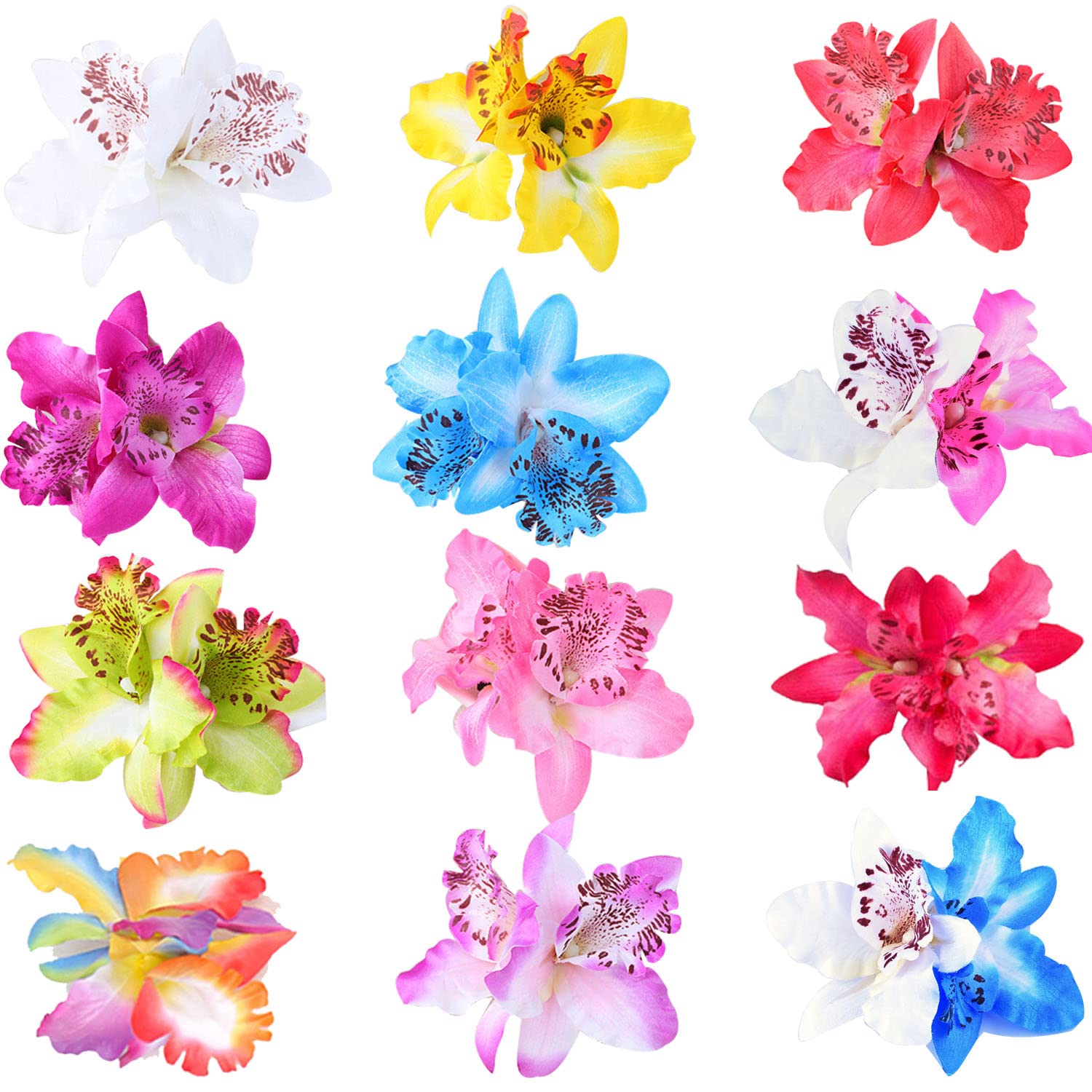 12 Pack Artificial Silk Orchid Hair Clips - Tropical Floral Barrettes with Alligator Clips for Women & Girls | Perfect for Beach Weddings, Hawaiian Parties, and Holiday Hairstyles