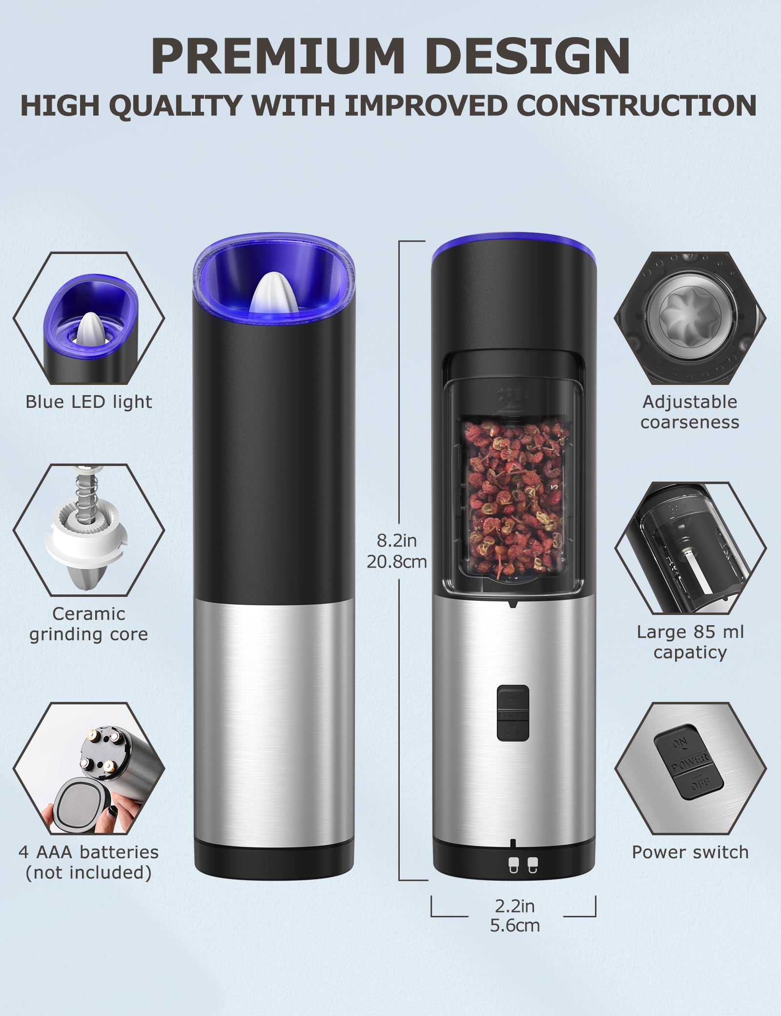 **Innhom Gravity Electric Salt and Pepper Grinder Set - Battery Operated Adjustable Coarseness - Perfect for Kitchen, Dining, Camping & Gifts**