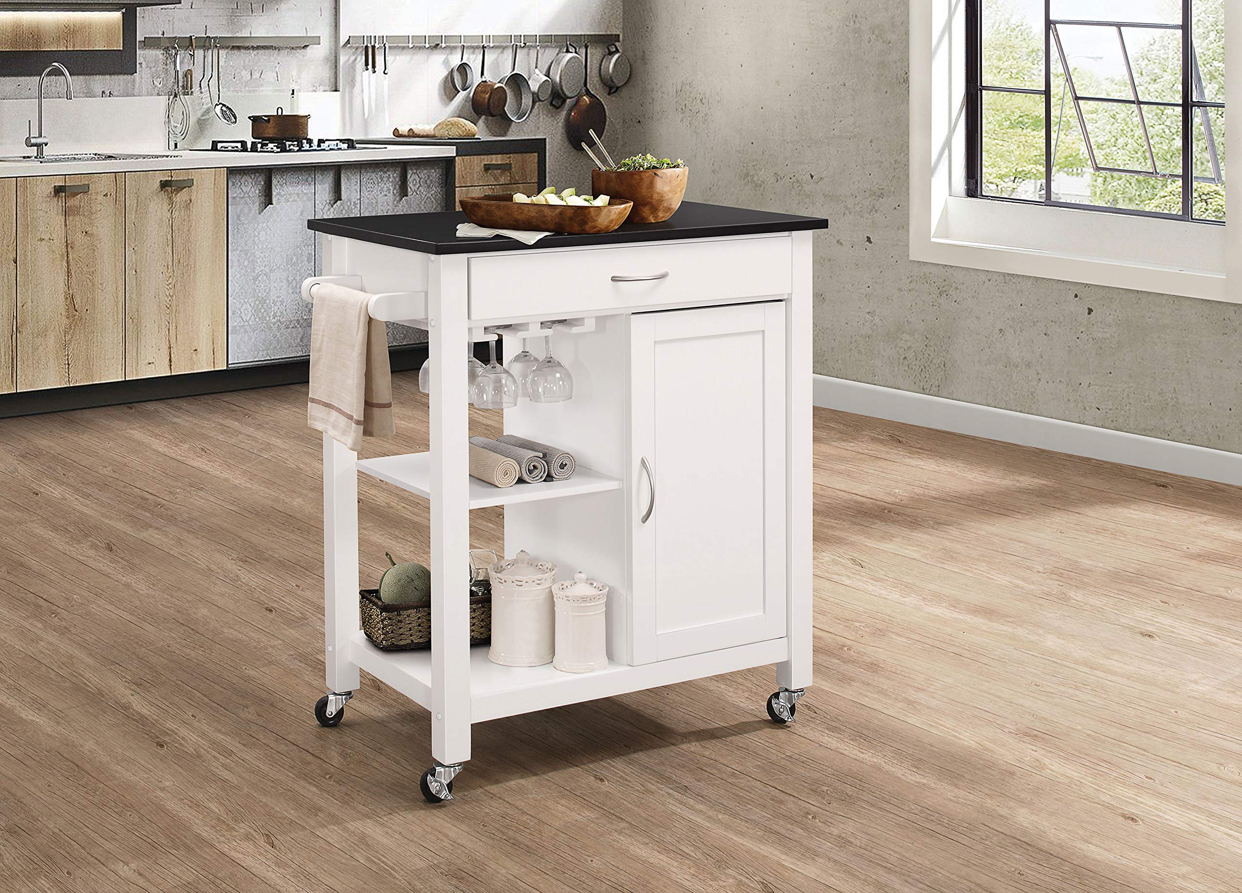 Black & White Kitchen Cart with Wheels - Mobile Kitchen Island with Storage Shelf for Small Spaces, Apartments, Dorms & Compact Homes - Ideal for Cooking, Dining & Extra Counter Space