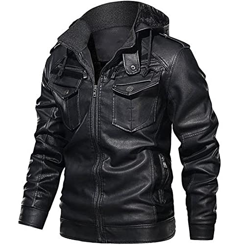 Men's Real & Faux Leather Motorcycle Jacket with Hood - Biker Style Full Zip Jacket for Riding & Casual Wear