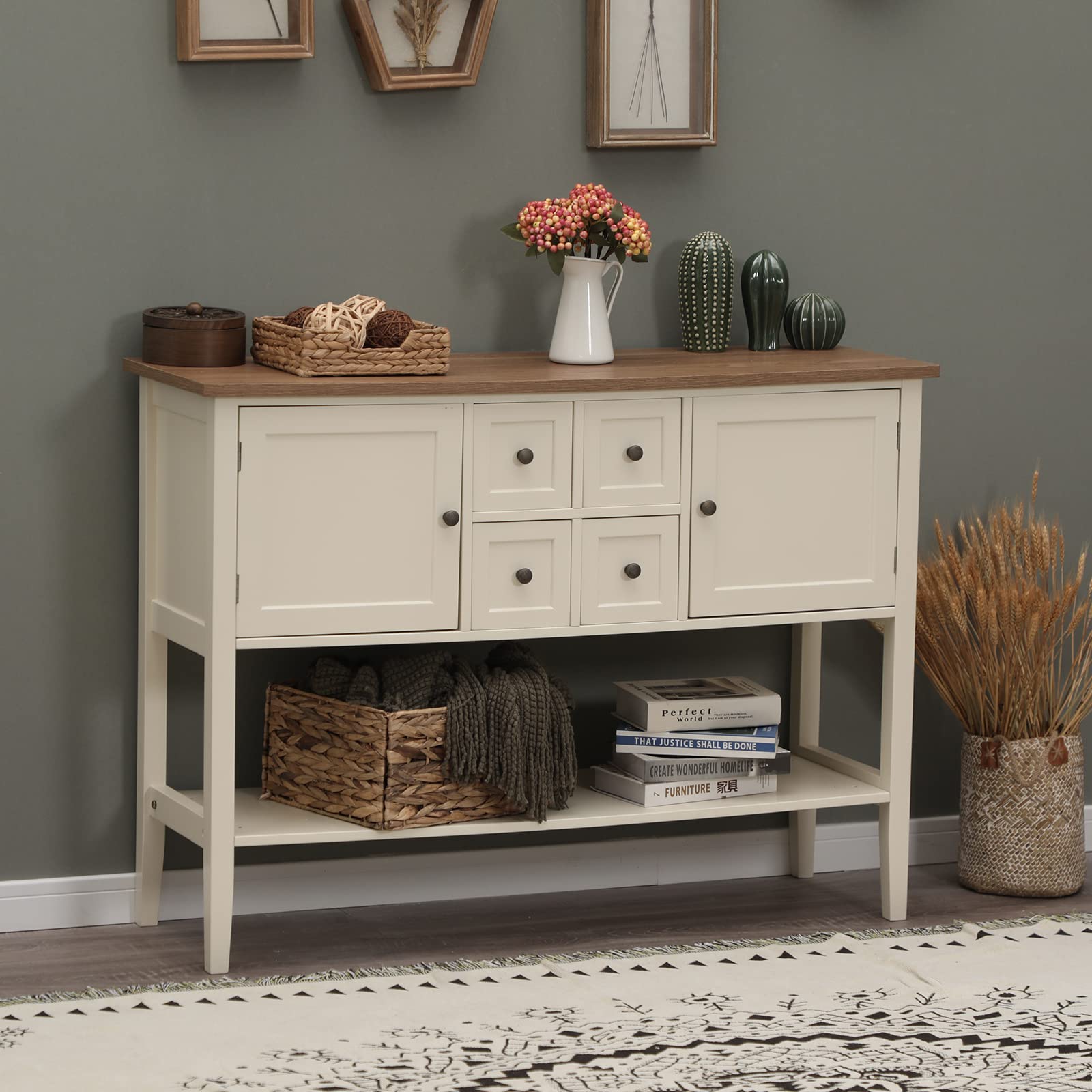 Sophia & William Wooden Sideboard Buffet Cabinet with 2 Doors, 4 Drawers & Open Shelf - Entryway Console Table with Storage for Living Room, Kitchen, Dining Room - Ivory Finish Home Organization Solution