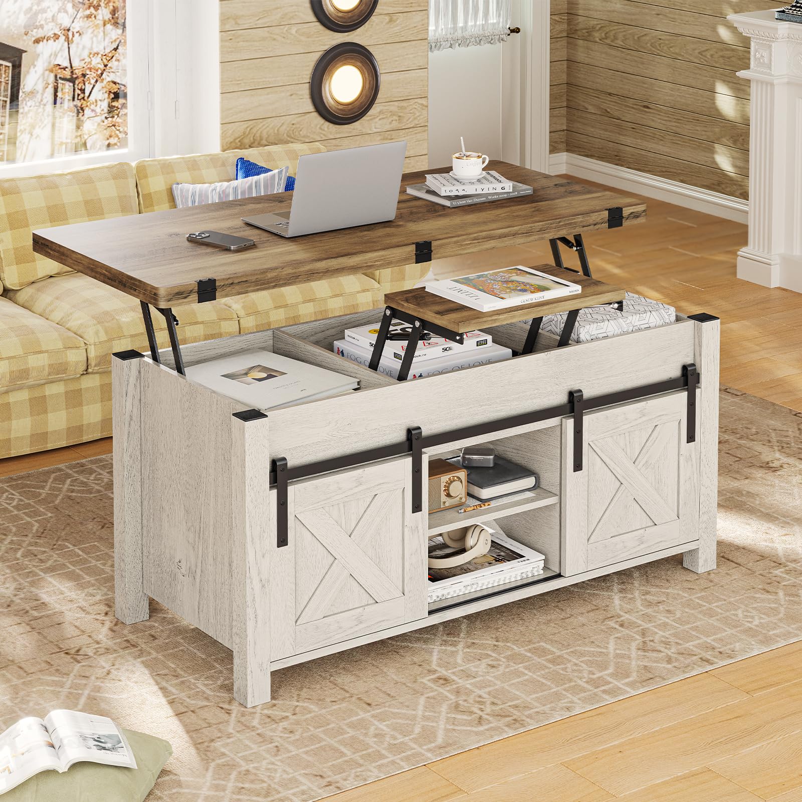 SEDETA 4-in-1 Lift Top Coffee Table with Storage & Hidden Compartment - Convertible Farmhouse Coffee Table to Dining Table for Living Room, Rustic Brown - Perfect for Small Spaces, Entertaining & Multifunctional Home Decor