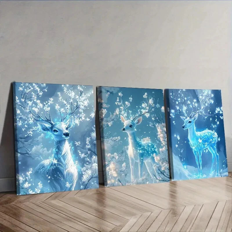 3-Piece Deer with Ice Blue Wall Art Set - Framed Canvas 40x60cm (16x24in) - High Quality Print - 100% Australian Made - Ready to Hang - Perfect for Living Room, Bedroom & Office Decor